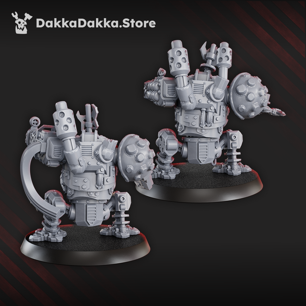 Rear view of the Slasher 'noids components showing exhaust pipes, armored body panels, interchangeable weapons, vents, cables, and mechanical legs.
