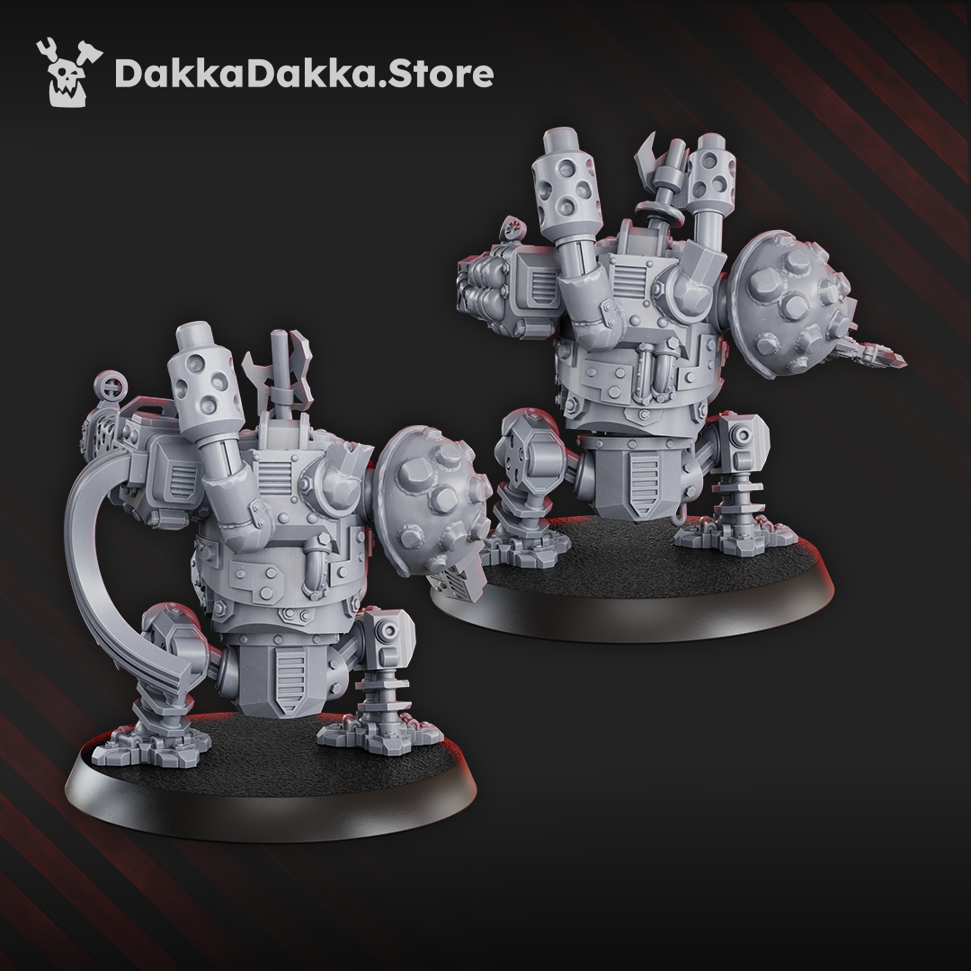 Rear view of the Slasher 'noids components showing exhaust pipes, armored body panels, interchangeable weapons, vents, cables, and mechanical legs.
