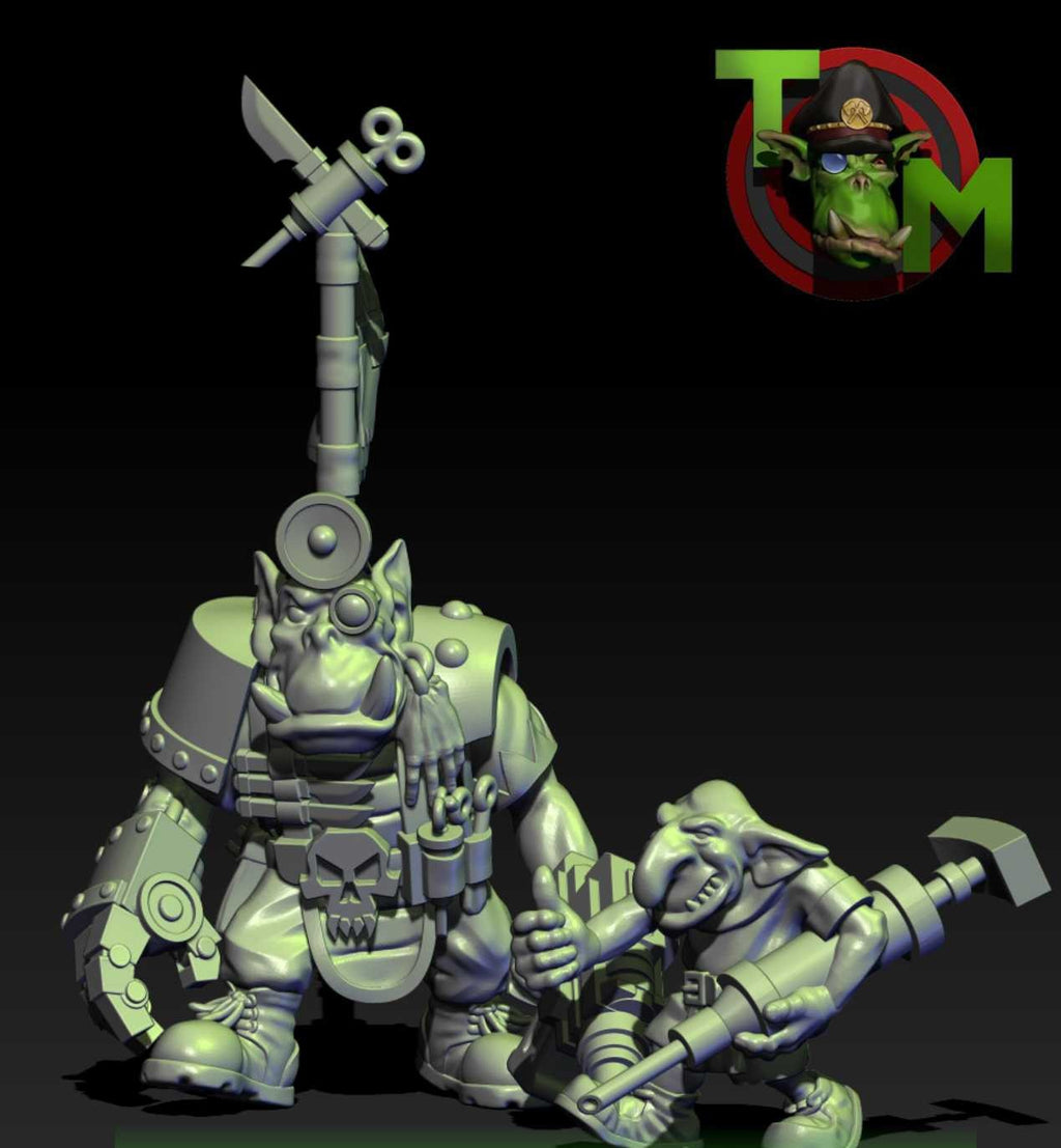 Guttertech Scrap Medic & Helper resin miniatures by Trollet Miniatures, featuring a sci-fi orc field medic and goblin assistant for tabletop wargaming.