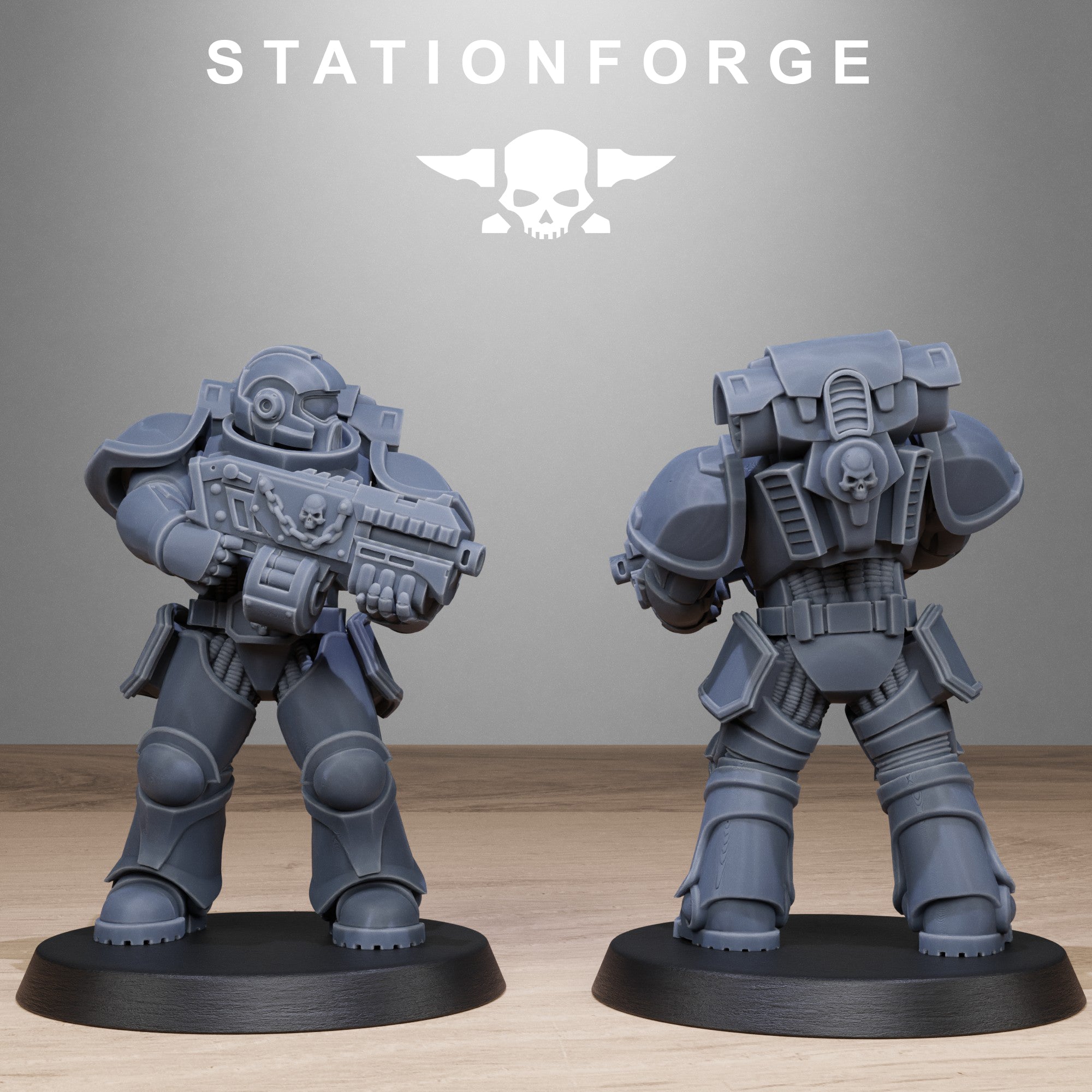 Station Forge Socratis Brute miniature with skull-detail weapon and rear armor view.