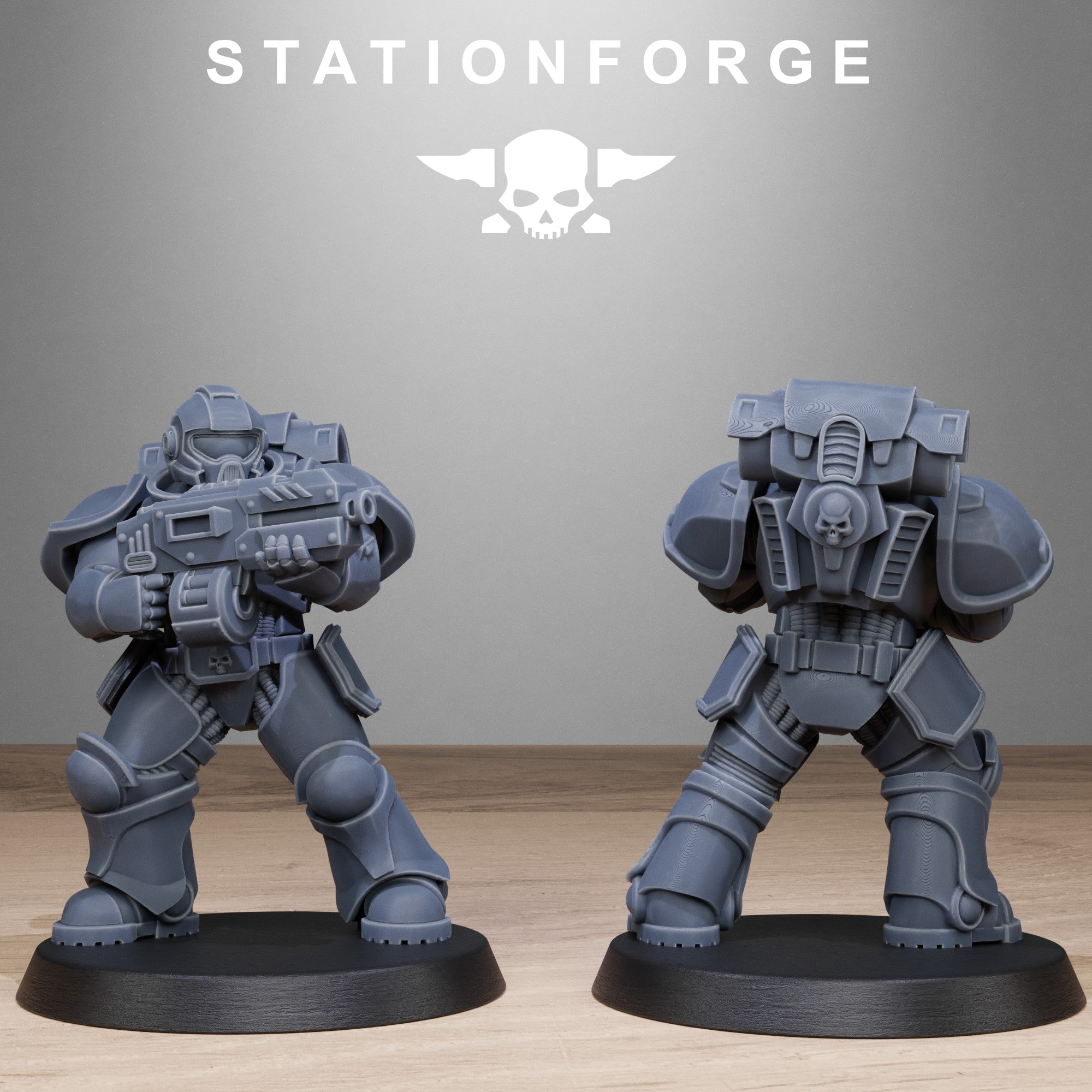 Socratis Brute sci-fi resin miniature front and rear view with heavy rifle and armored backpack.