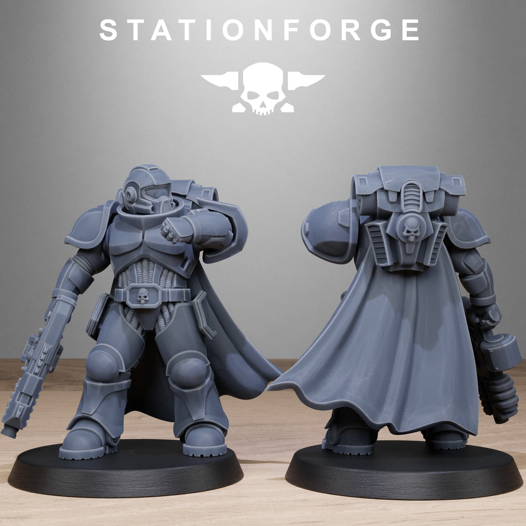 Caped Socratis Brute resin miniature with heavy weapon and detailed backpack armor.
