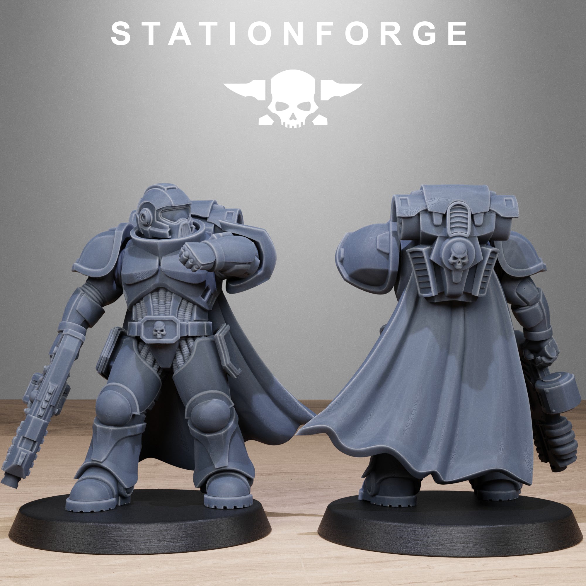 Caped Socratis Brute resin miniature with heavy weapon and detailed backpack armor.