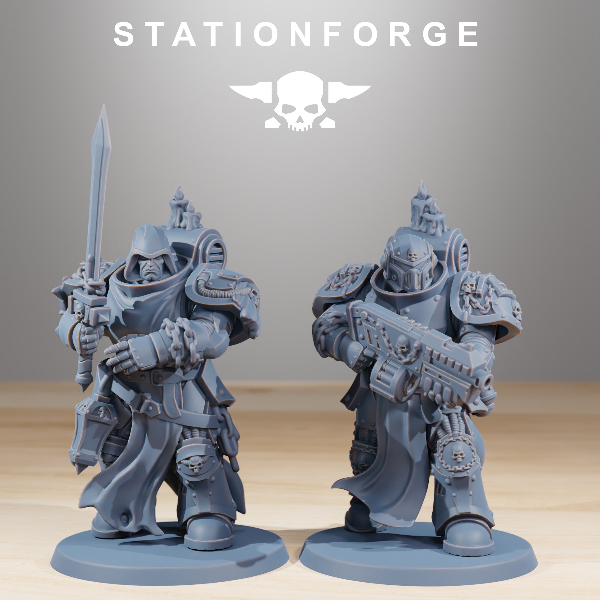 Socratis Crusaders action pose miniatures with swords, pistol, robes, chains, and heavy sci-fi armor.