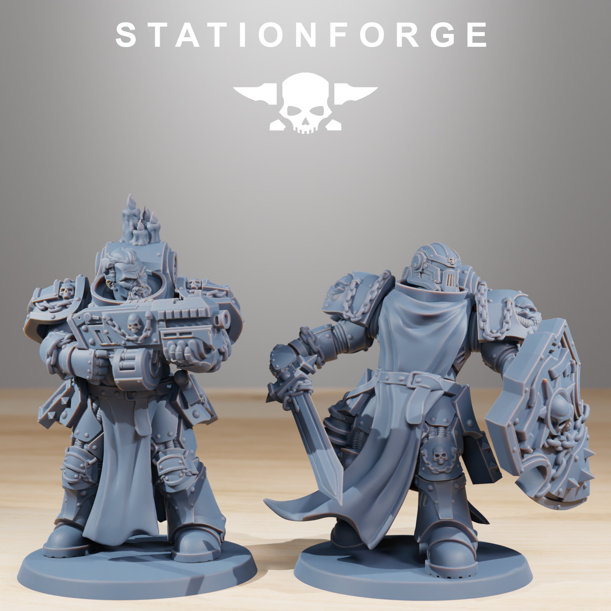 Two Socratis Crusaders resin miniatures with shield, rifle, sword, robes, chains, and ornate sci-fi armor.