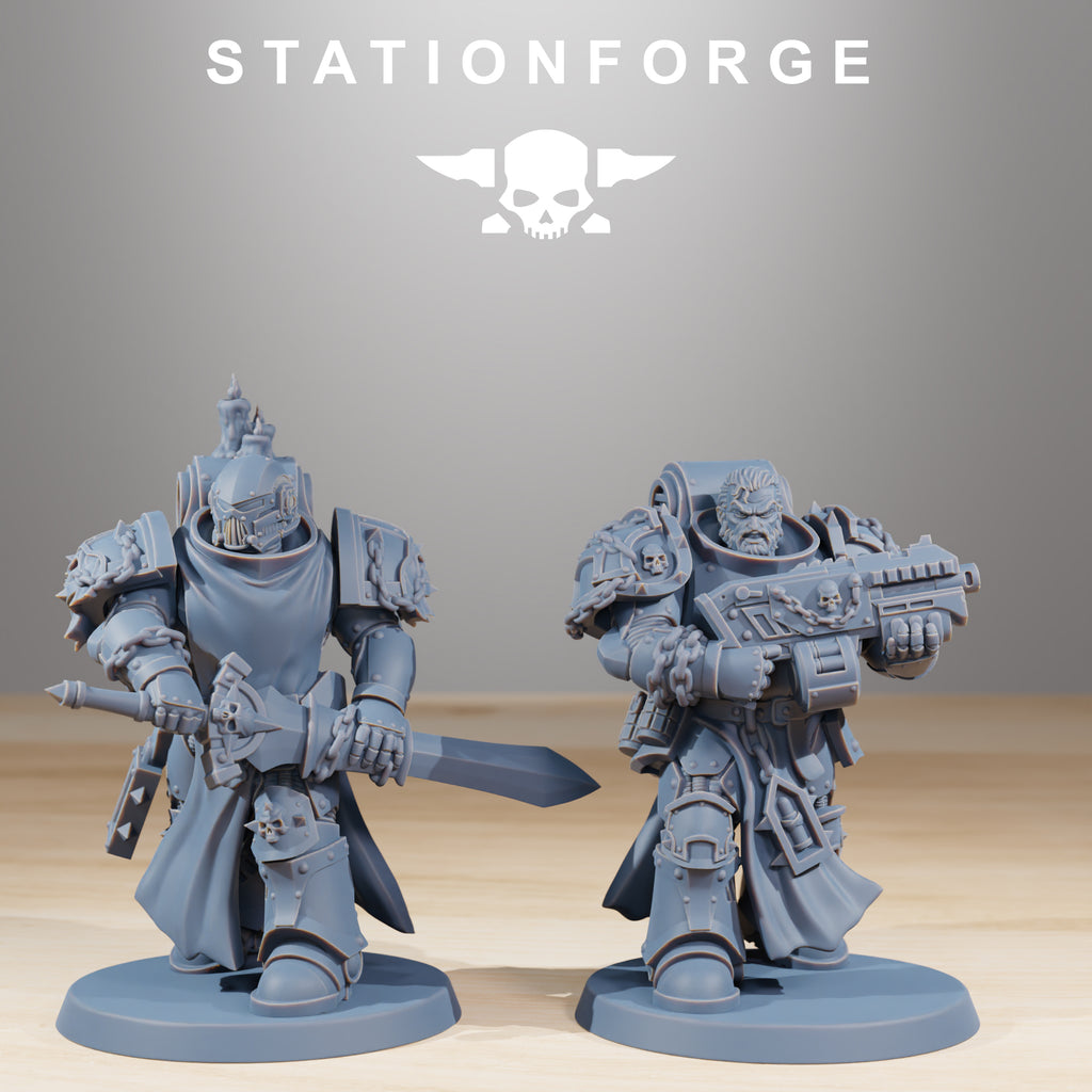 Socratis Crusaders miniatures with hooded head, sword, rifle, heavy armor, and skull details.