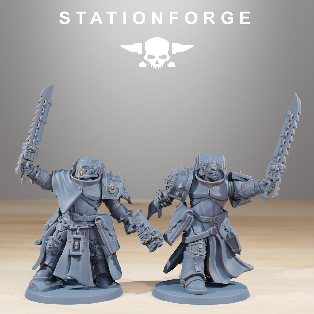 Two Socratis Crusaders sci-fi miniatures with chainsword-style weapons, helmets, robes, and armored details.