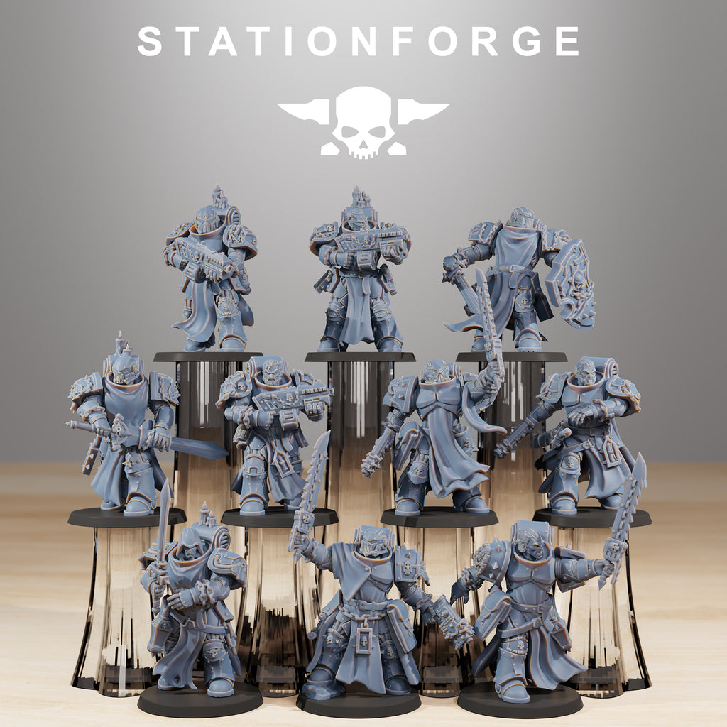 Station Forge Socratis Crusaders full squad of sci-fi resin miniatures with heavy armor, robes, swords, shields, and skull details.