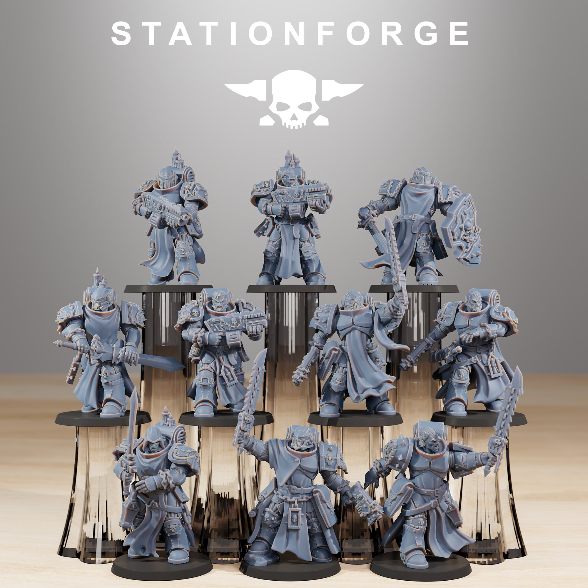 Station Forge Socratis Crusaders full squad of sci-fi resin miniatures with heavy armor, robes, swords, shields, and skull details.