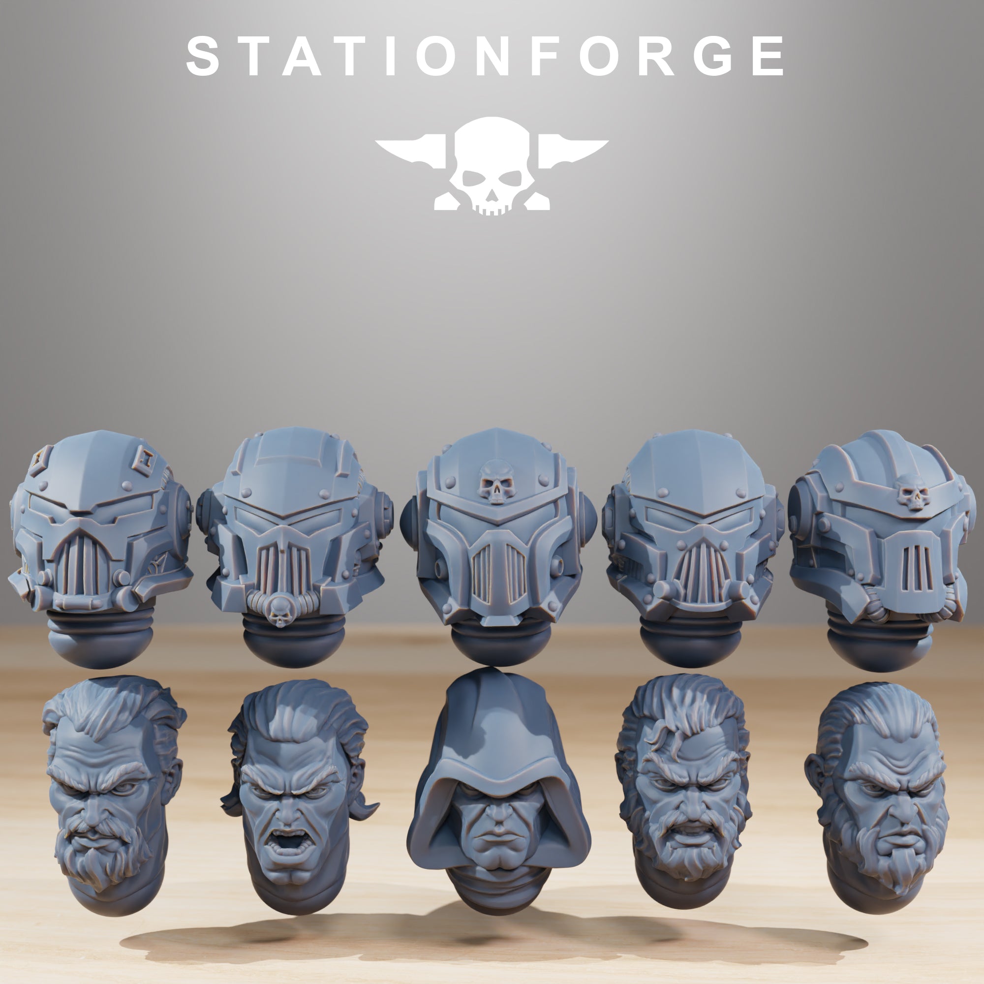 Socratis Crusaders alternate helmet and bare head options for resin miniature customization.