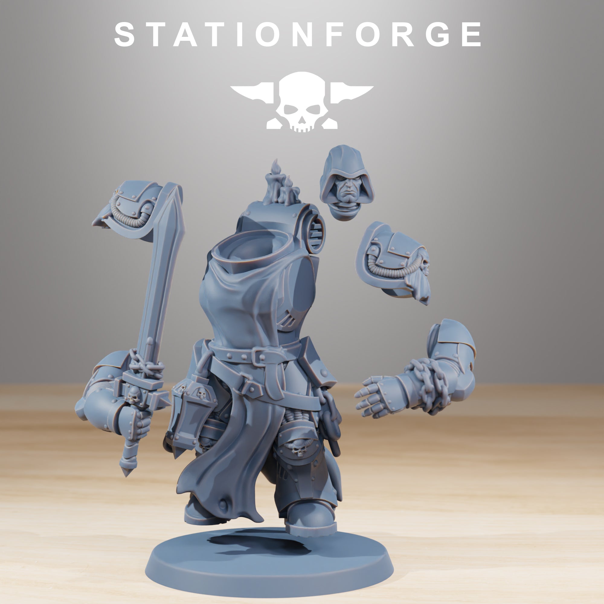Socratis Crusaders modular resin miniature parts with sword, head, shoulder pads, arm, and armored body.