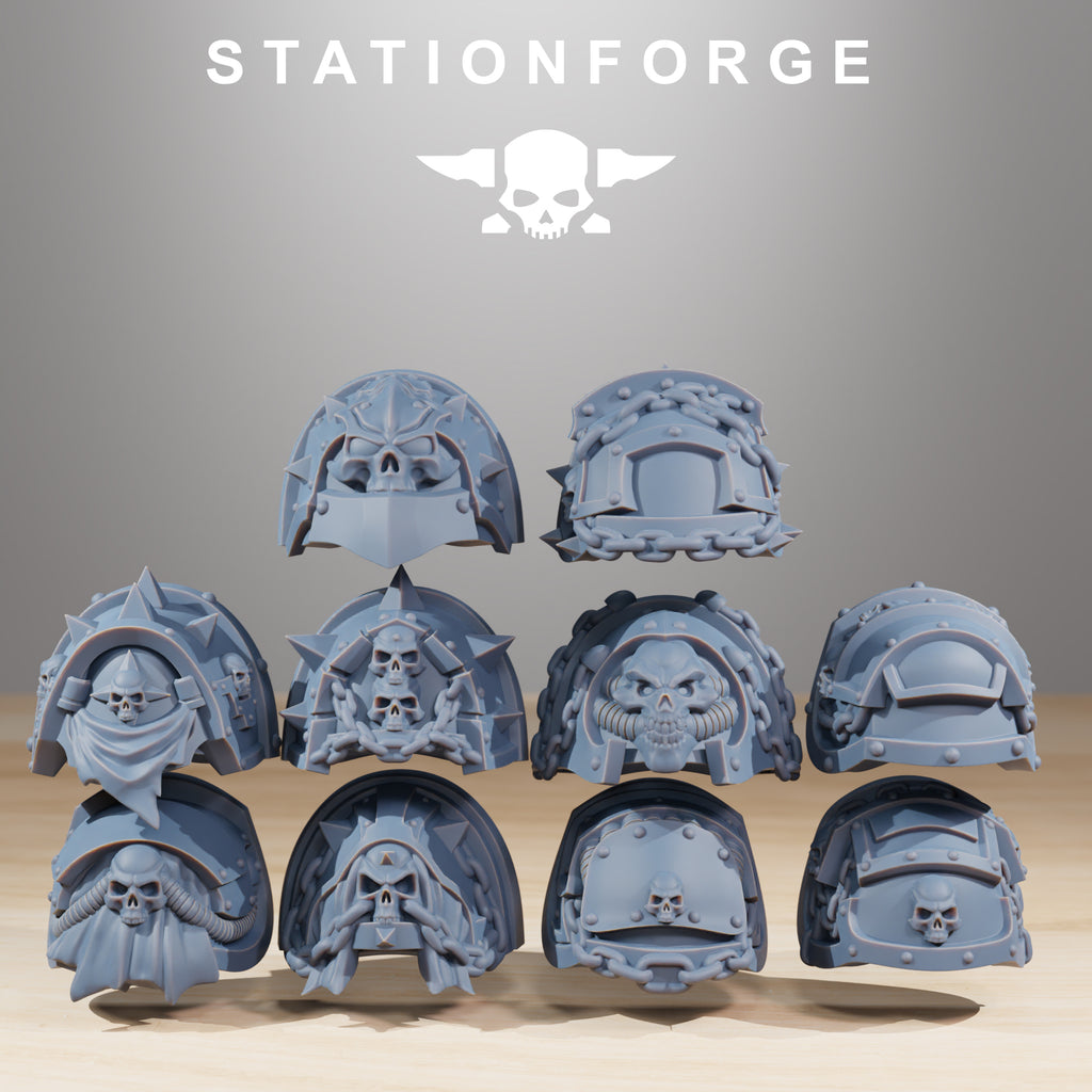 Socratis Crusaders shoulder pad options with skulls, chains, robes, spikes, and ornate armor details.