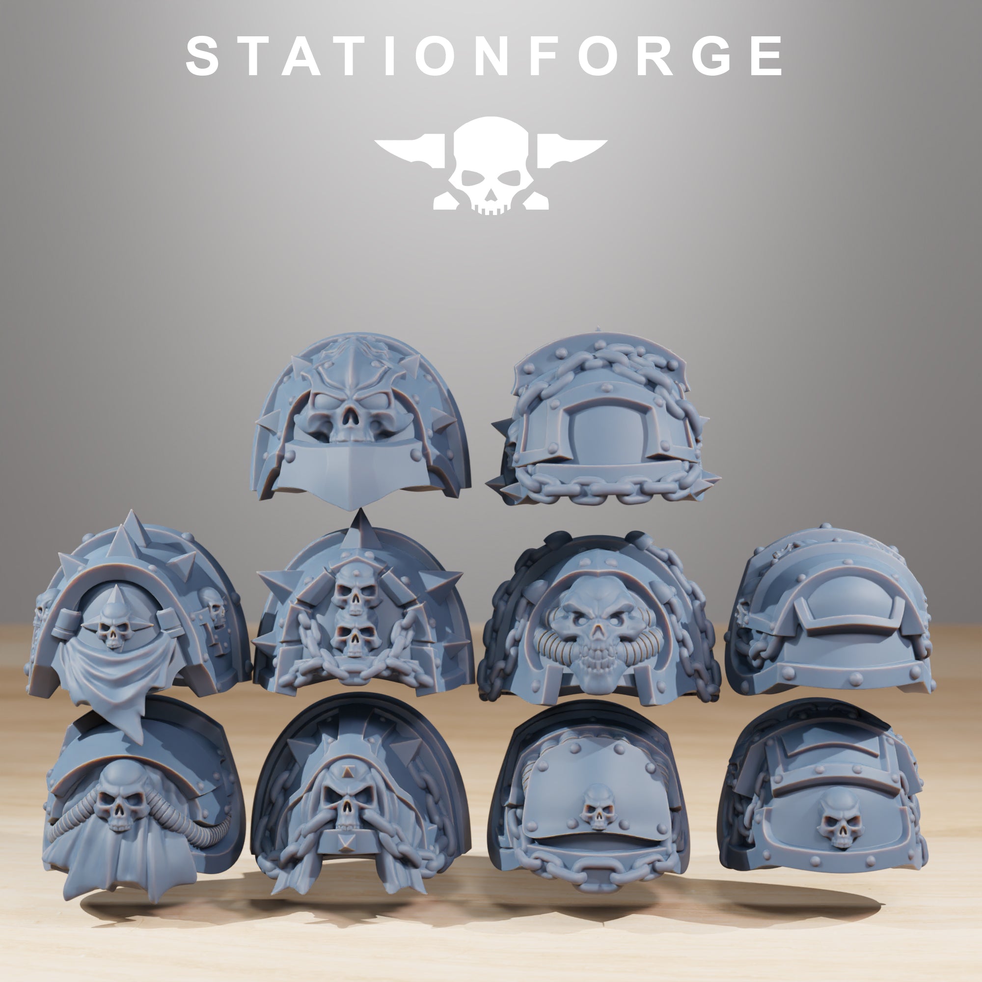Socratis Crusaders shoulder pad options with skulls, chains, robes, spikes, and ornate armor details.