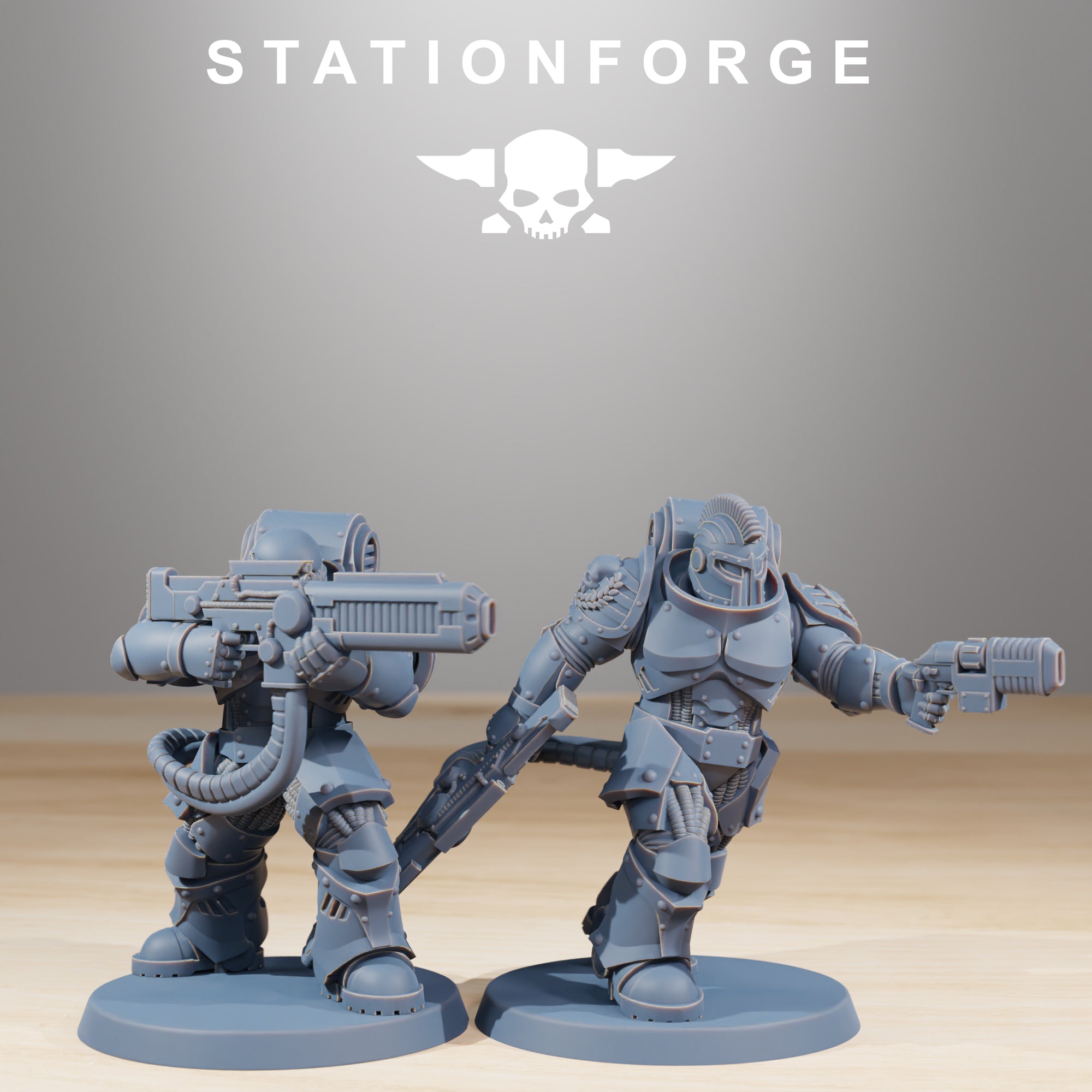 Station Forge Socratis Exterminators miniatures with oversized rifles, weapon cables, and armored infantry details.