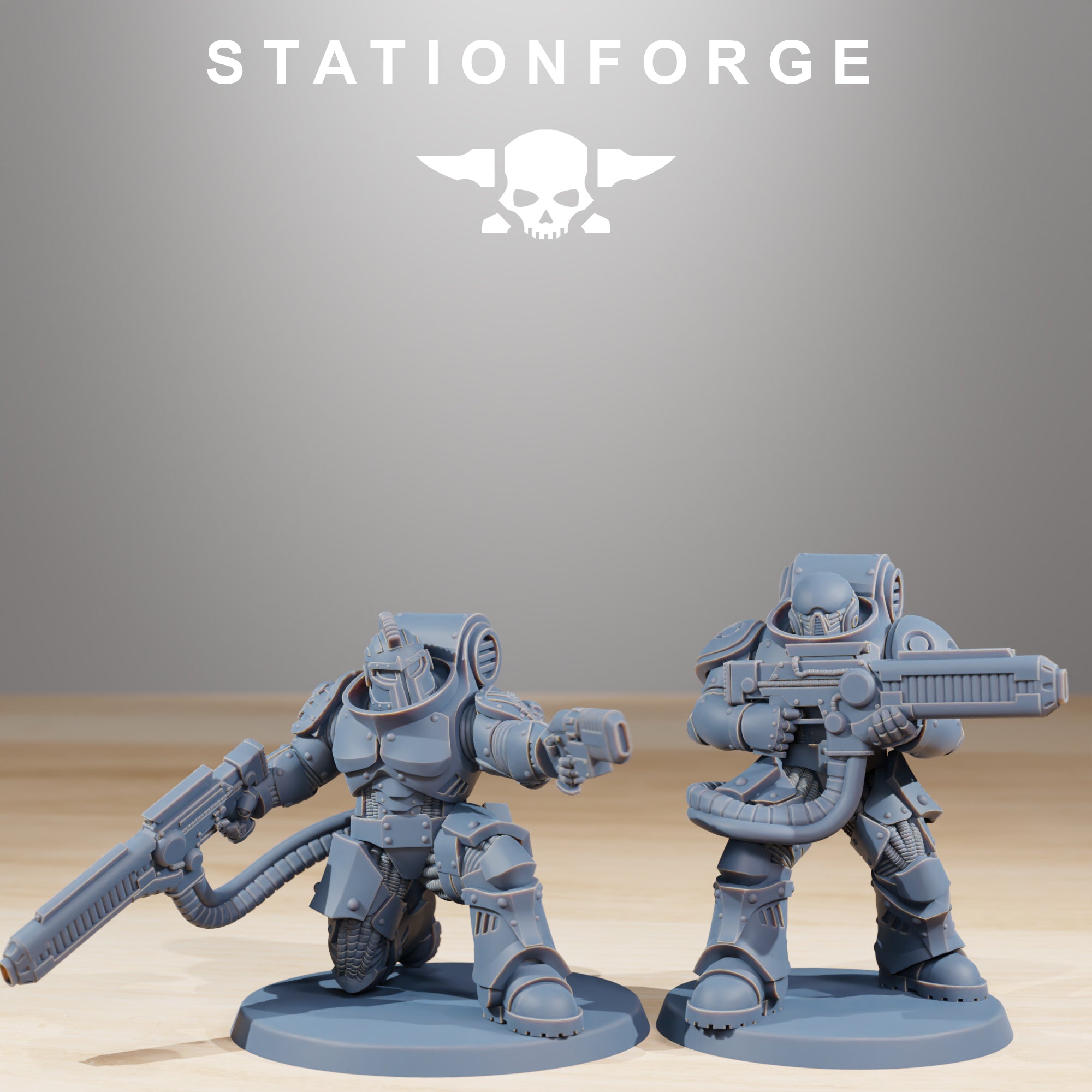 Socratis Exterminators resin miniatures with kneeling gunner, heavy rifles, helmets, and armored sci-fi details.