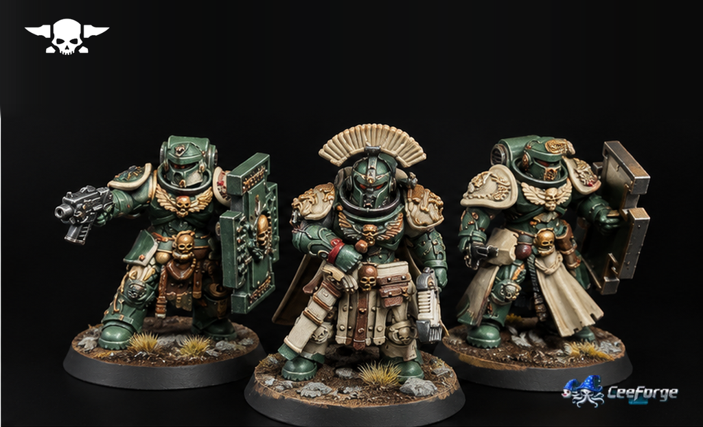 Three Socratis Guardsmen sci-fi resin miniatures with green armor, ornate shields, gold detailing, and scenic bases, painted concept