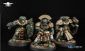 Three Socratis Guardsmen sci-fi resin miniatures with green armor, ornate shields, gold detailing, and scenic bases, painted concept
