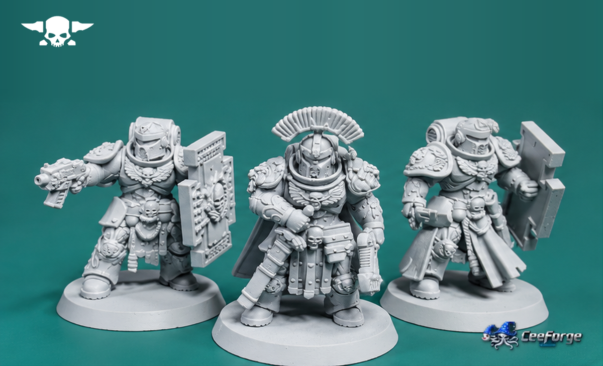 	Three pre-assembled Socratis Guardsmen resin miniatures shown from the front, with detailed armor and shields against a teal background