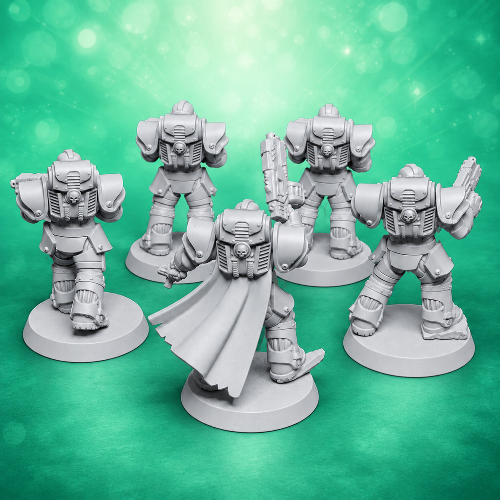 Five pre-assembled Socratis Infantry Squad miniatures with sci-fi armor, helmets, and backpacks in rear facing infantry poses.