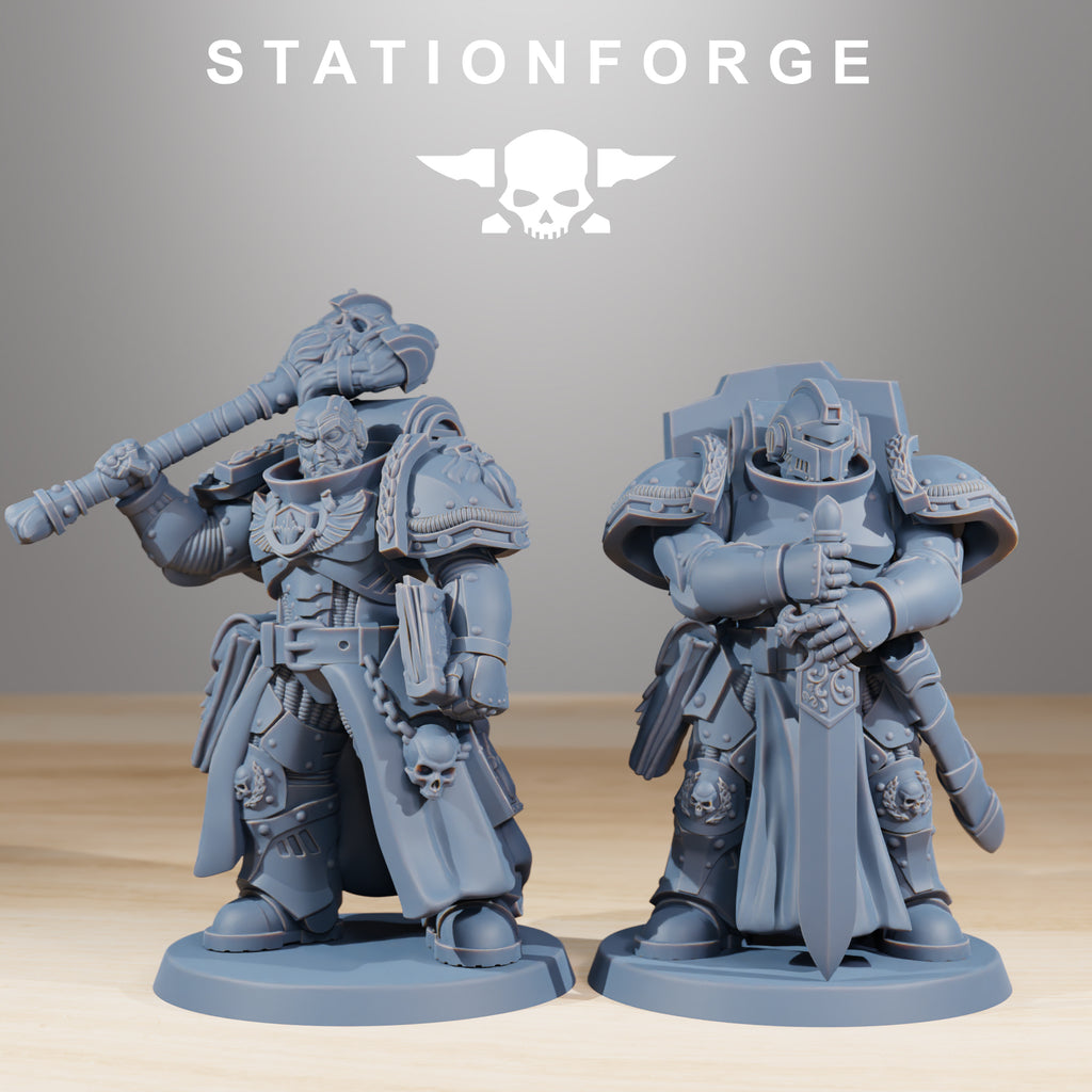Station Forge Socratis Knights with staff, shield, sword, and ornate sci-fi armor.