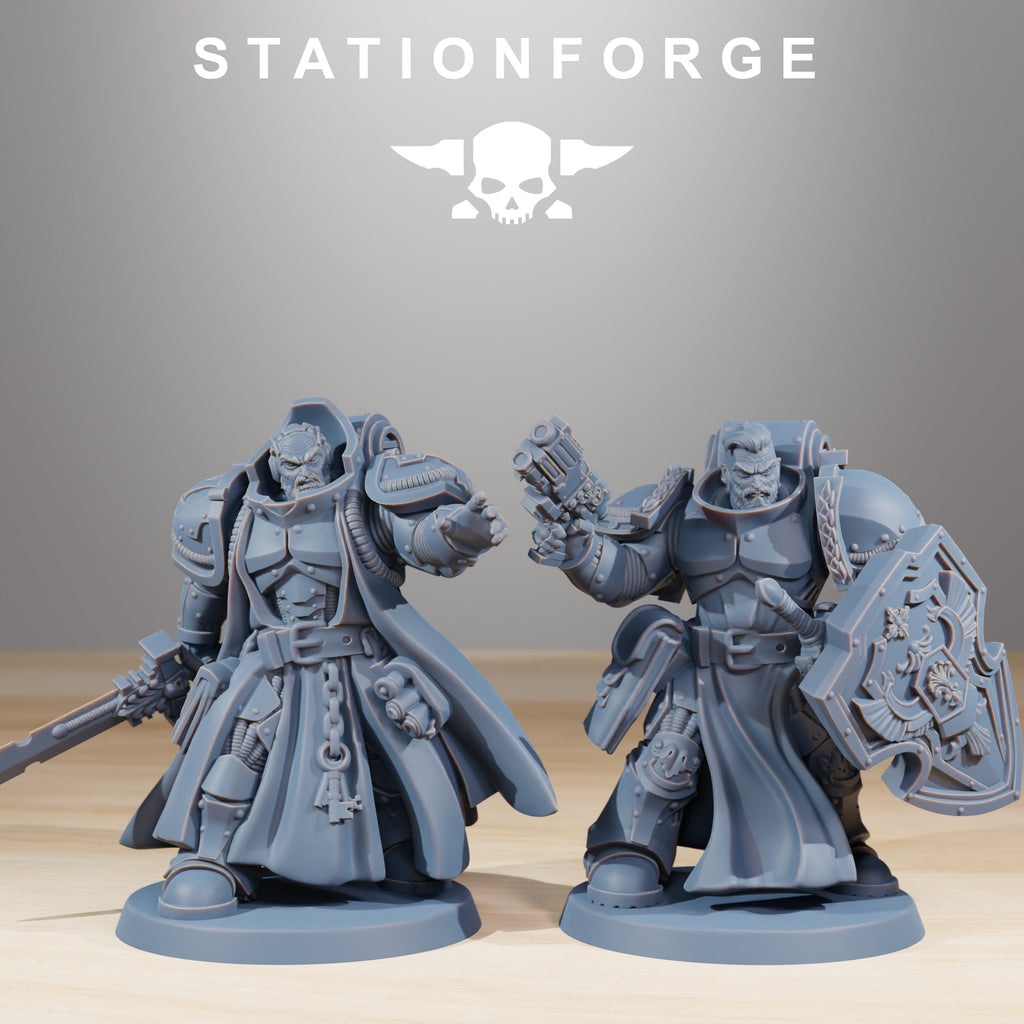 Two Socratis Knights miniatures with sword, shield, pistol, heavy armor, and flowing robes.
