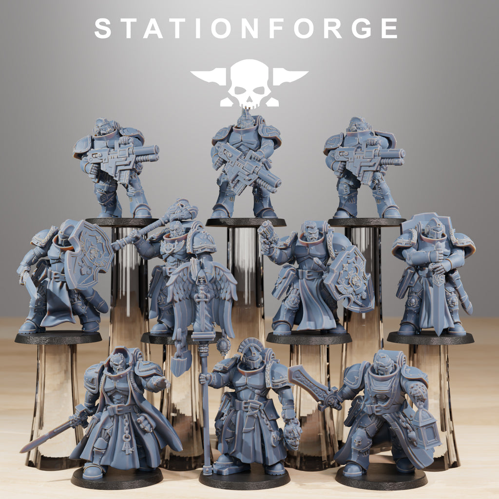 Station Forge Socratis Knights full squad of sci-fi resin miniatures with heavy armor, swords, shields, staffs, and rifles.