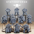 Station Forge Socratis Knights full squad of sci-fi resin miniatures with heavy armor, swords, shields, staffs, and rifles.