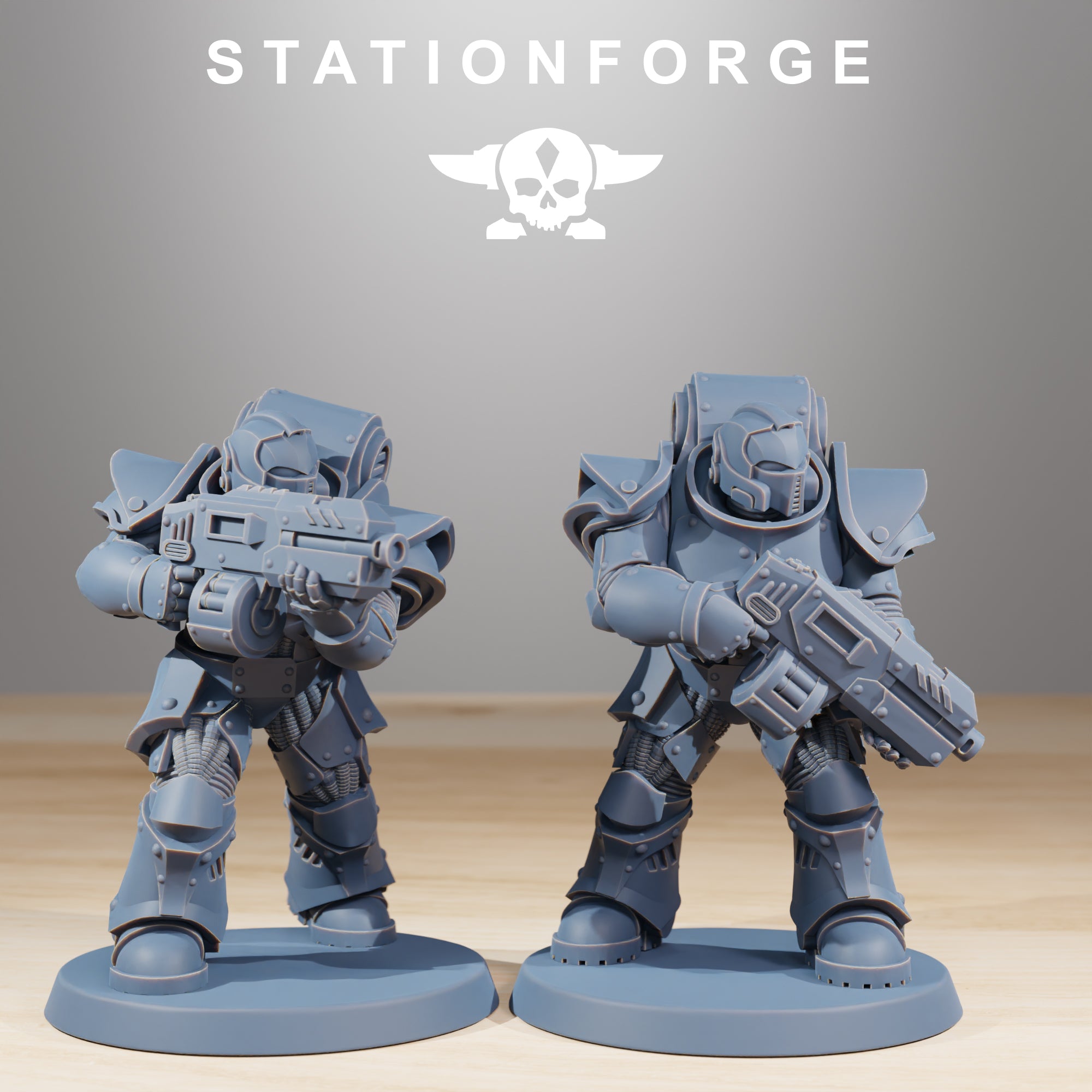 Station Forge Socratis Legion Infantry pair with bulky armor, rifles, and tactical sci-fi poses.