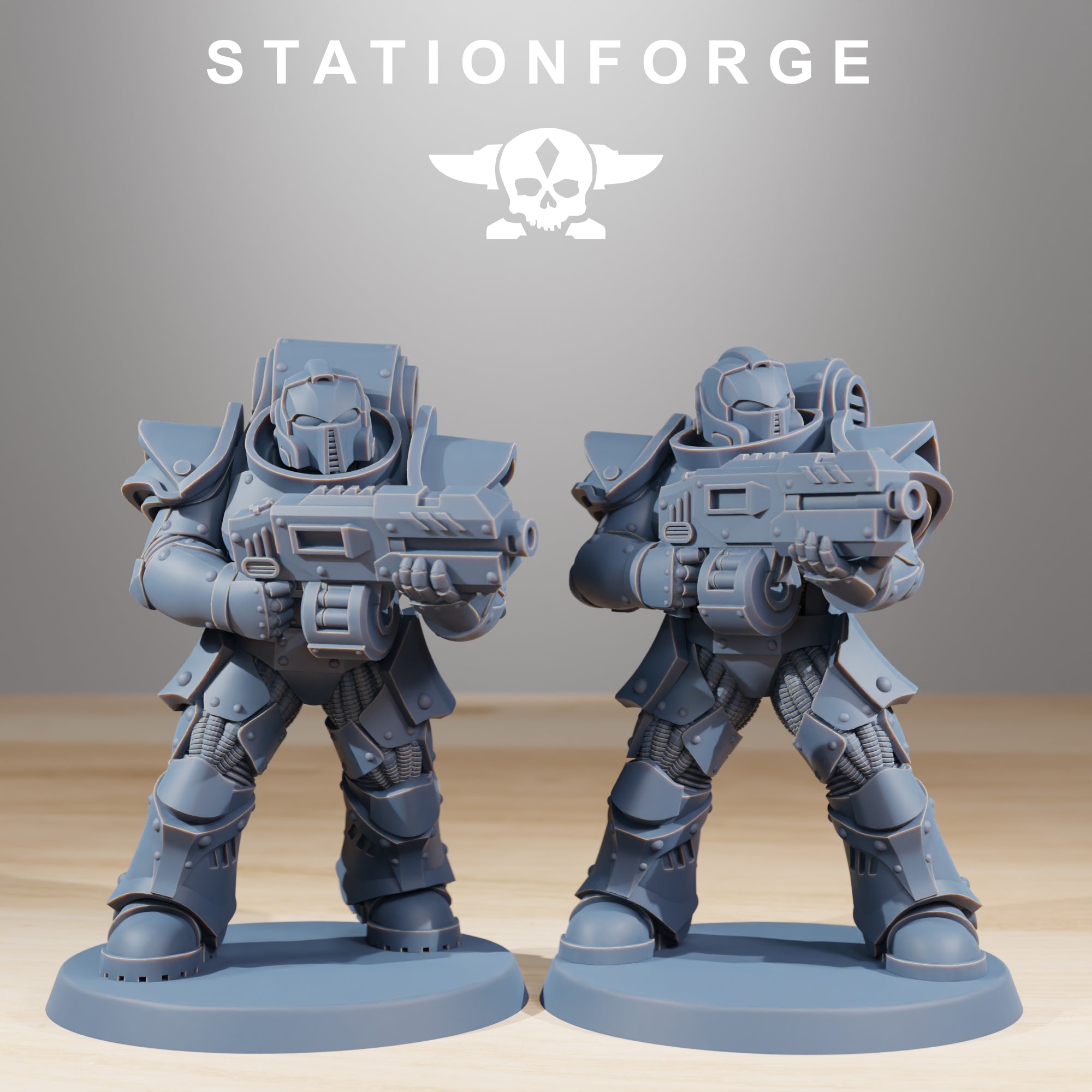 Two Socratis Legion Infantry resin miniatures with heavy rifles and armored sci-fi gear.