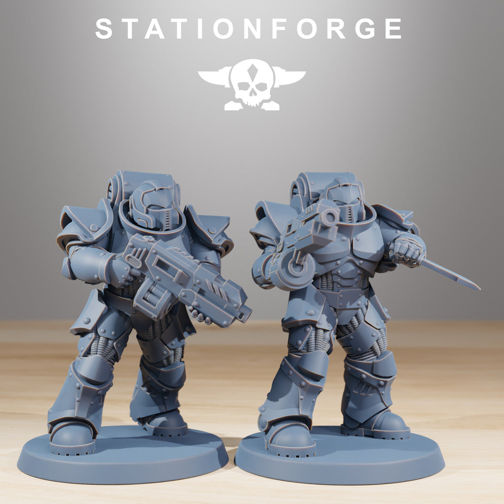 Two Socratis Legion Infantry miniatures with sword, pistol, rifle, and heavy armor details.