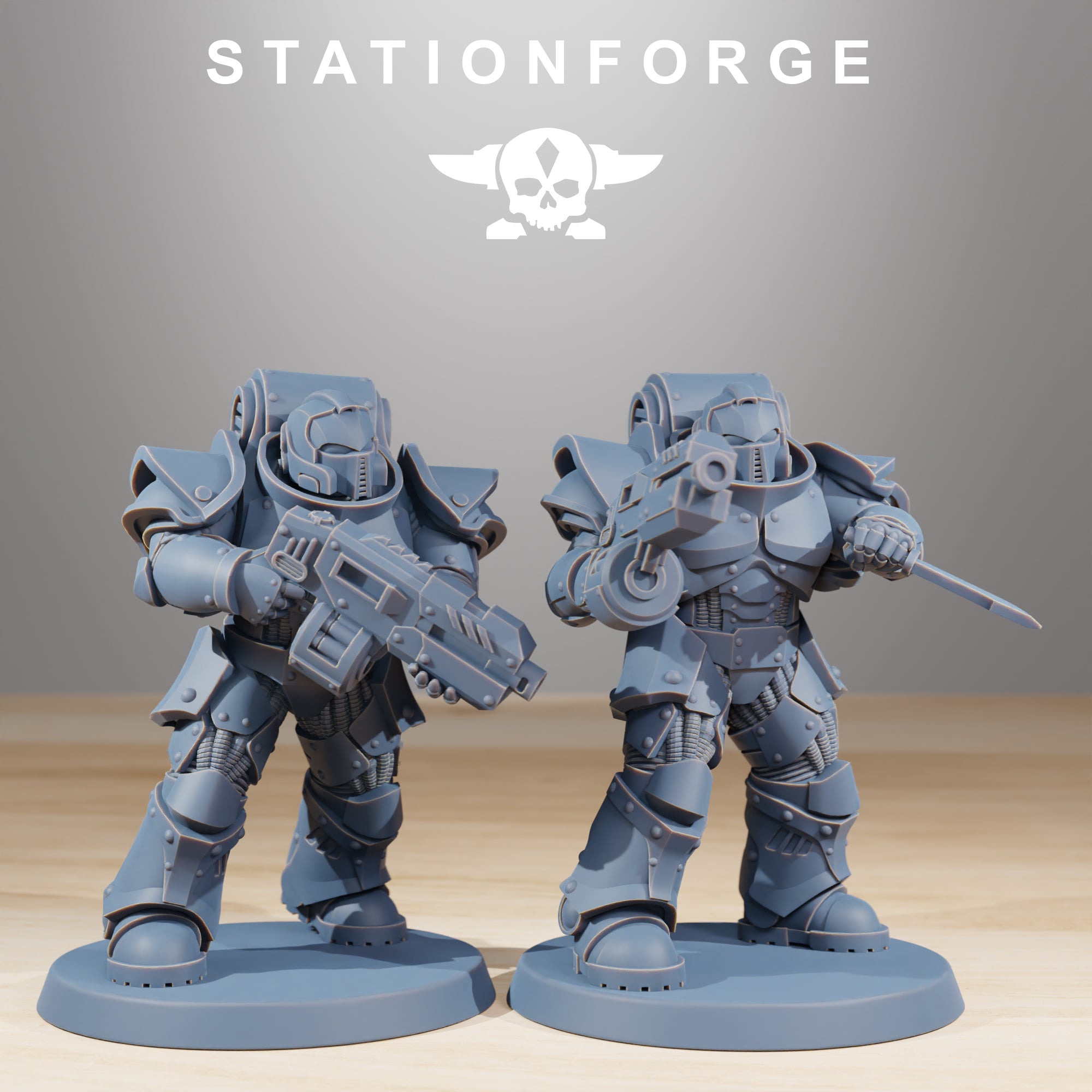 Two Socratis Legion Infantry miniatures with sword, pistol, rifle, and heavy armor details.