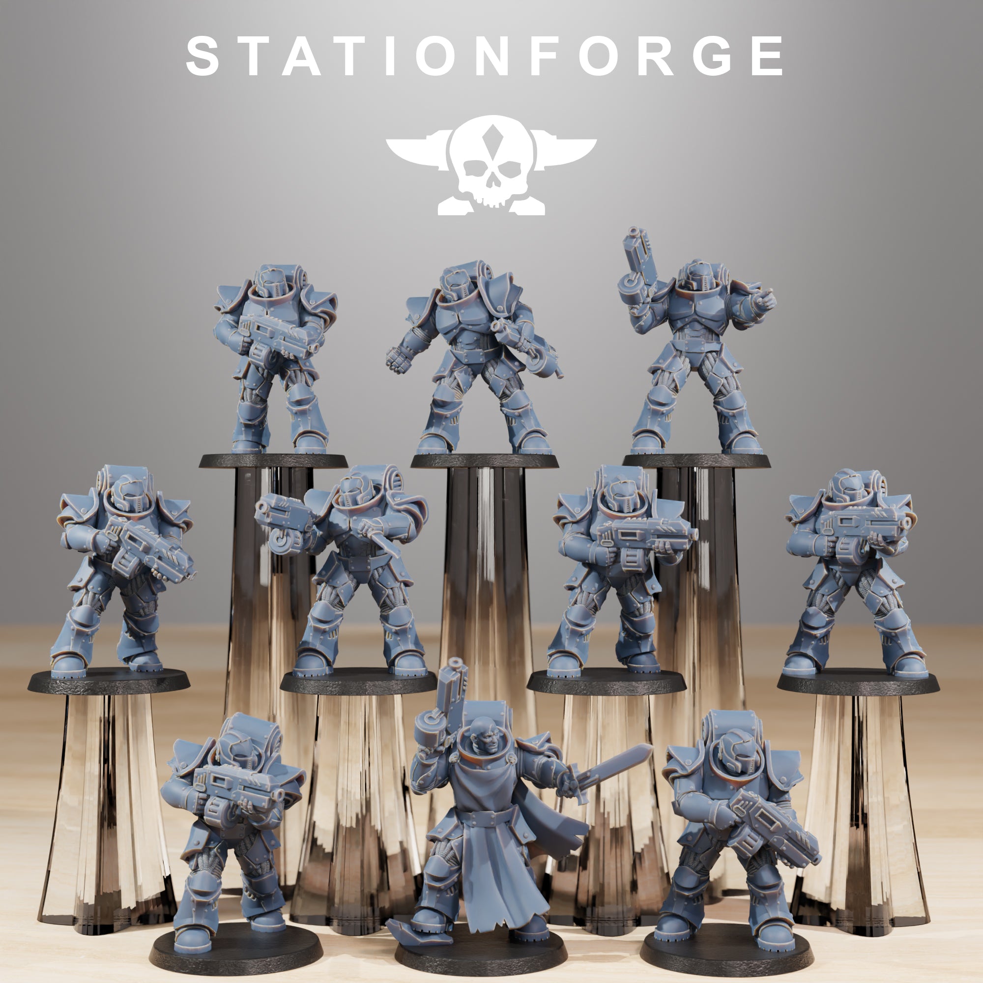 Station Forge Socratis Legion Infantry full squad of sci-fi resin miniatures with rifles, sword, pistol, and heavy armor.