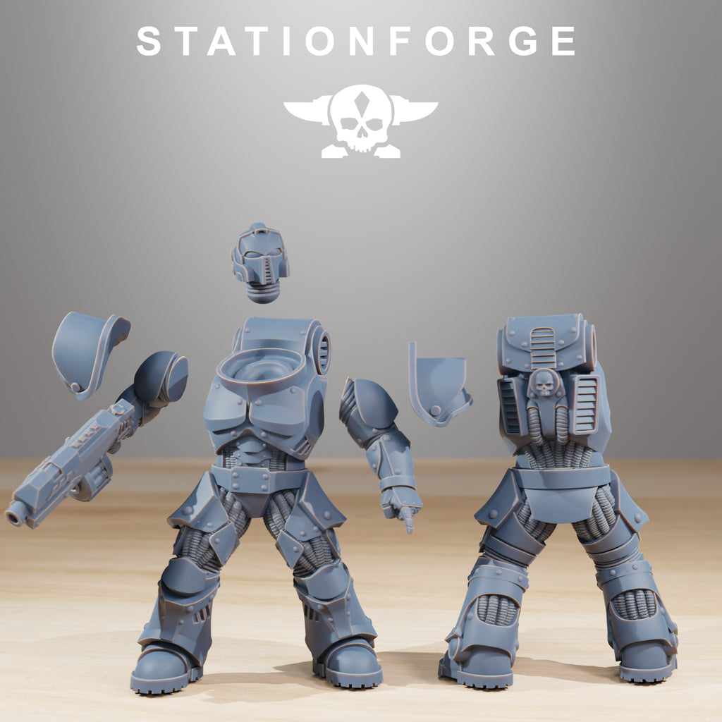 Socratis Legion Infantry modular resin miniature parts with helmet, rifle, backpack, armor, and shoulder pads.