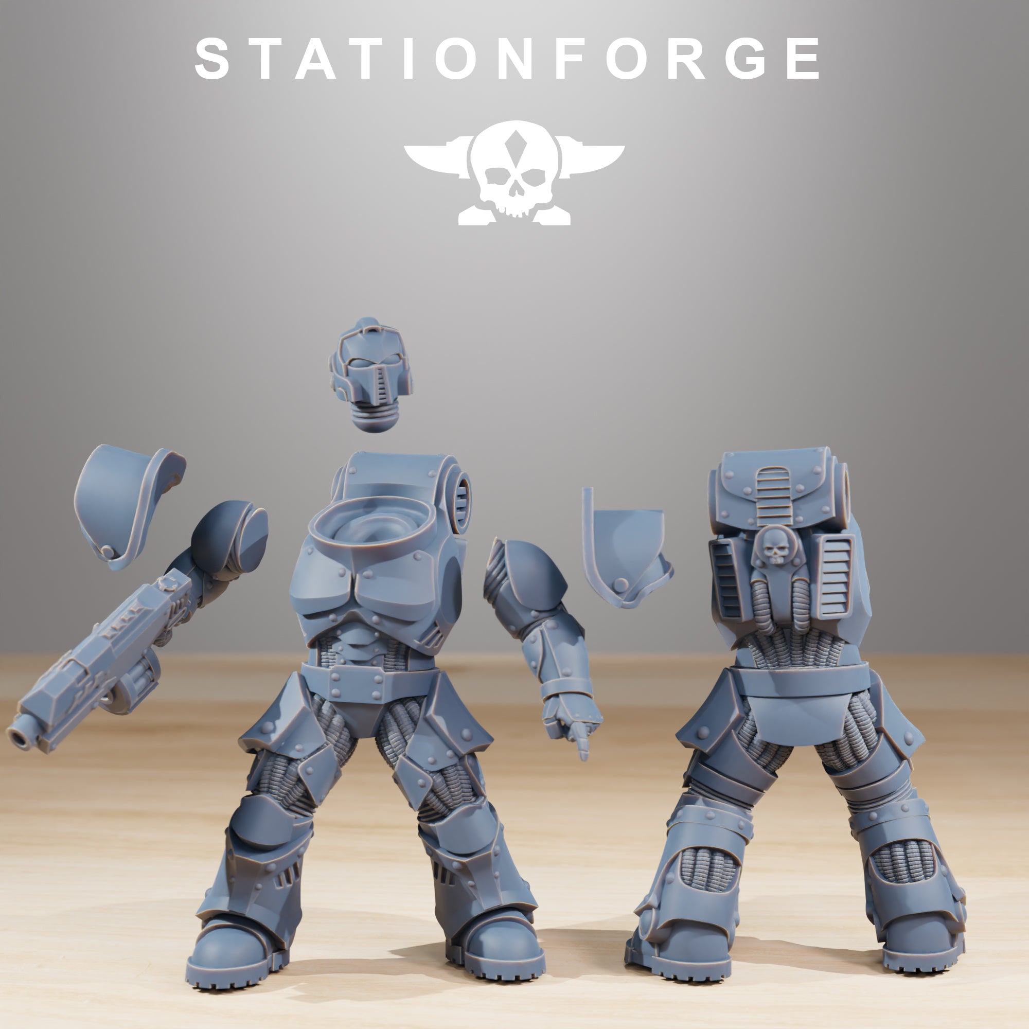 Socratis Legion Infantry modular resin miniature parts with helmet, rifle, backpack, armor, and shoulder pads.