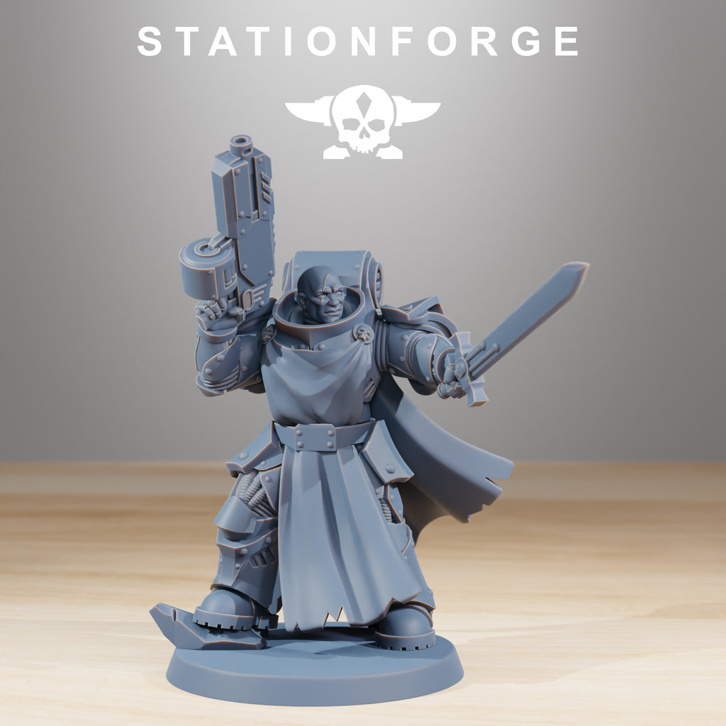 Socratis Legion Infantry commander-style miniature with cape, sword, pistol, and armored sci-fi details.