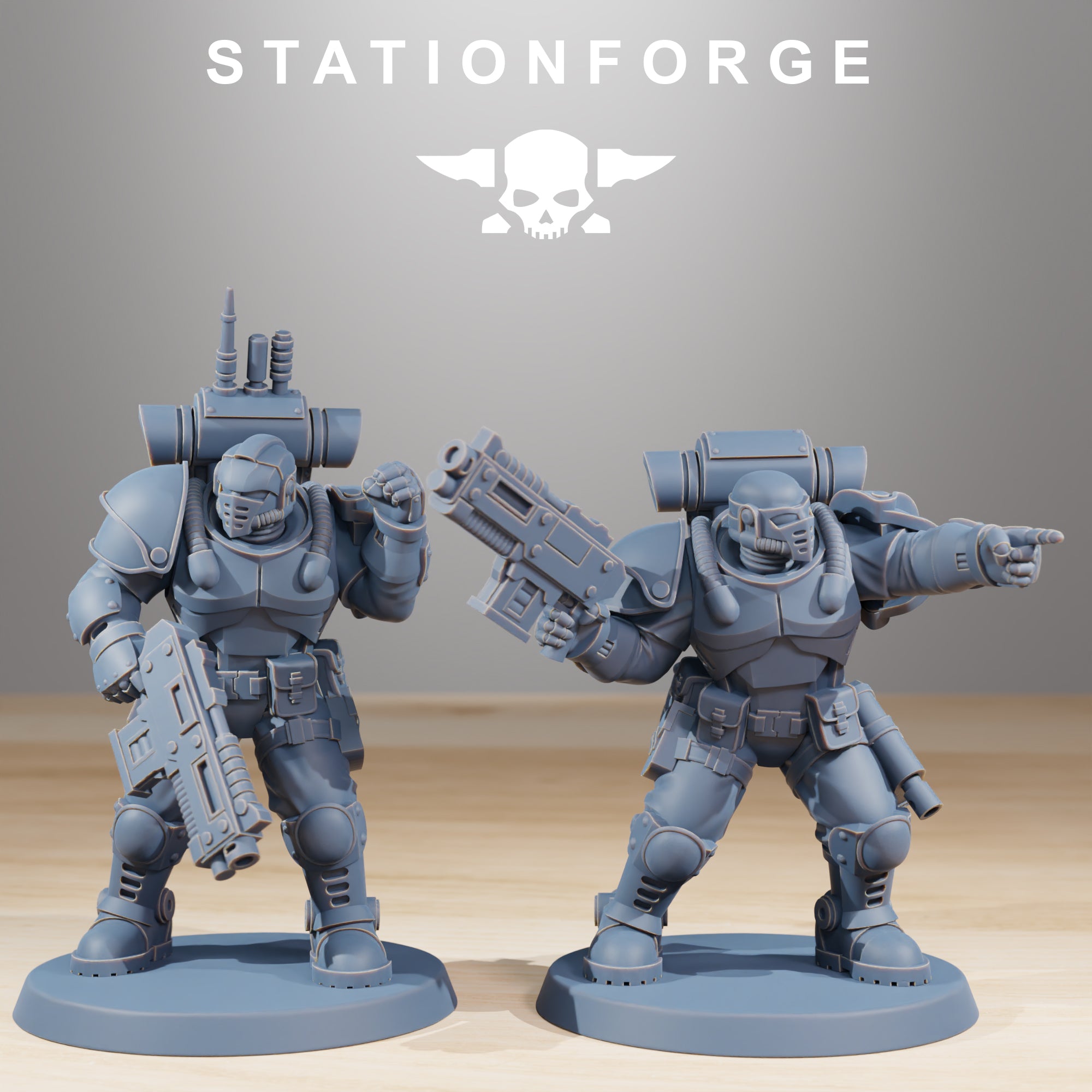 Two Station Forge Socratis Light Infantry miniatures with helmets, rifles, and armored gear.