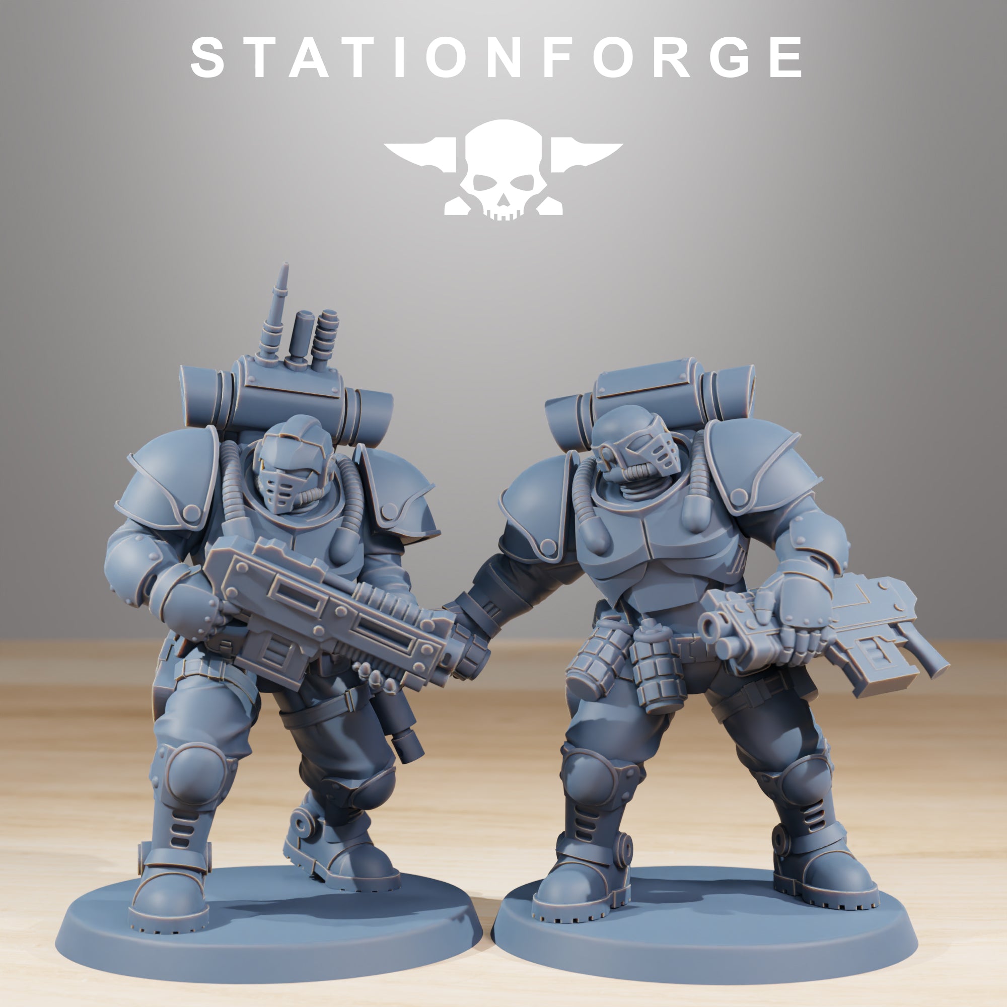 Two Socratis Light Infantry resin miniatures with sci-fi rifles and armored backpacks.