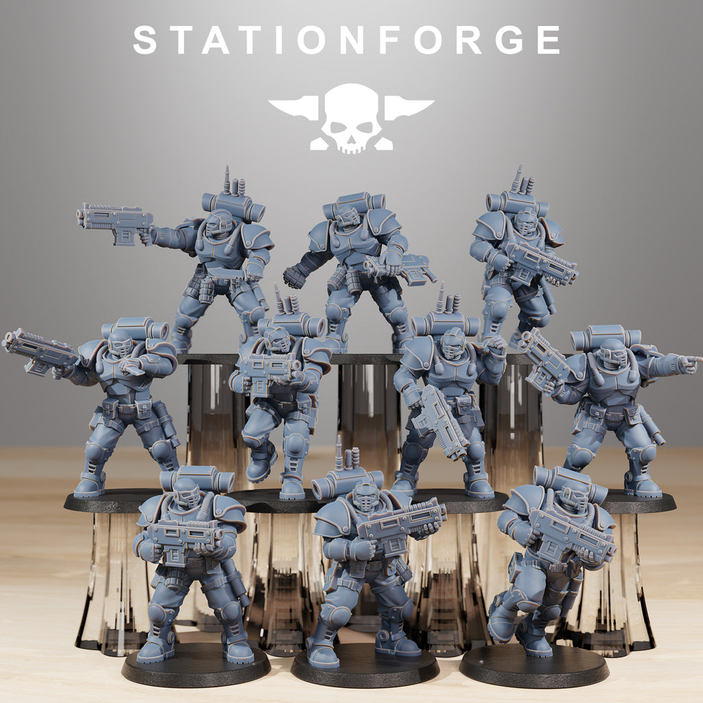 Station Forge Socratis Light Infantry full squad of sci-fi resin miniatures with rifles, armor, and tactical gear.