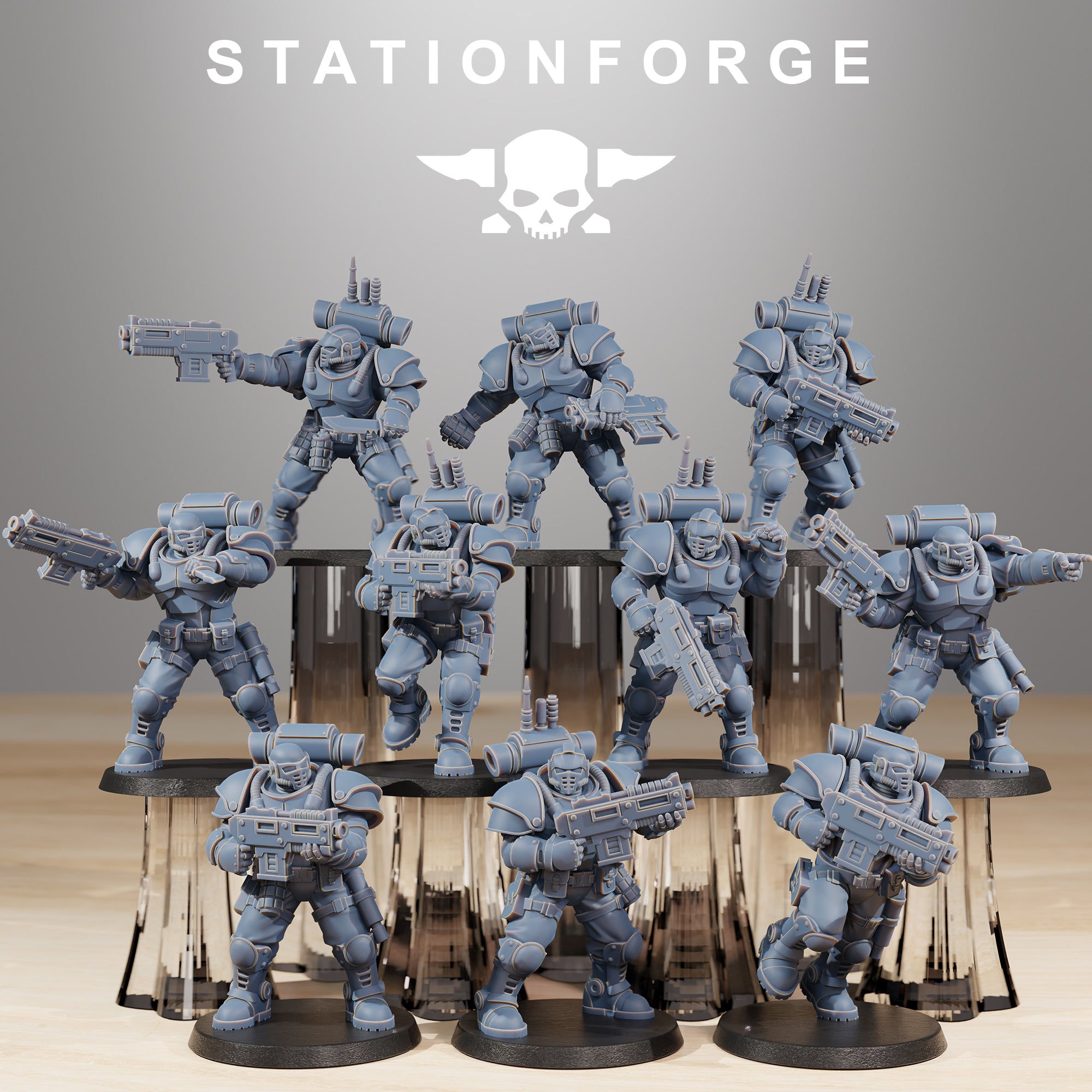 Station Forge Socratis Light Infantry full squad of sci-fi resin miniatures with rifles, armor, and tactical gear.