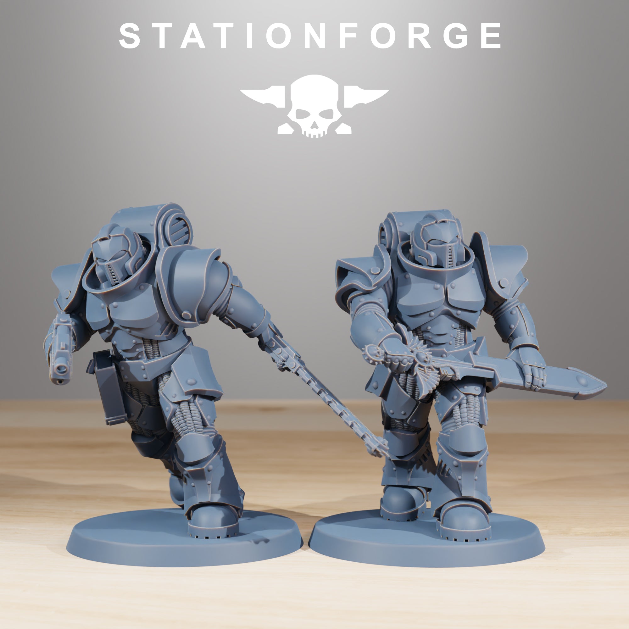 Socratis Melee Infantry action pose miniatures with hammer, pistol, blade, and armored details.