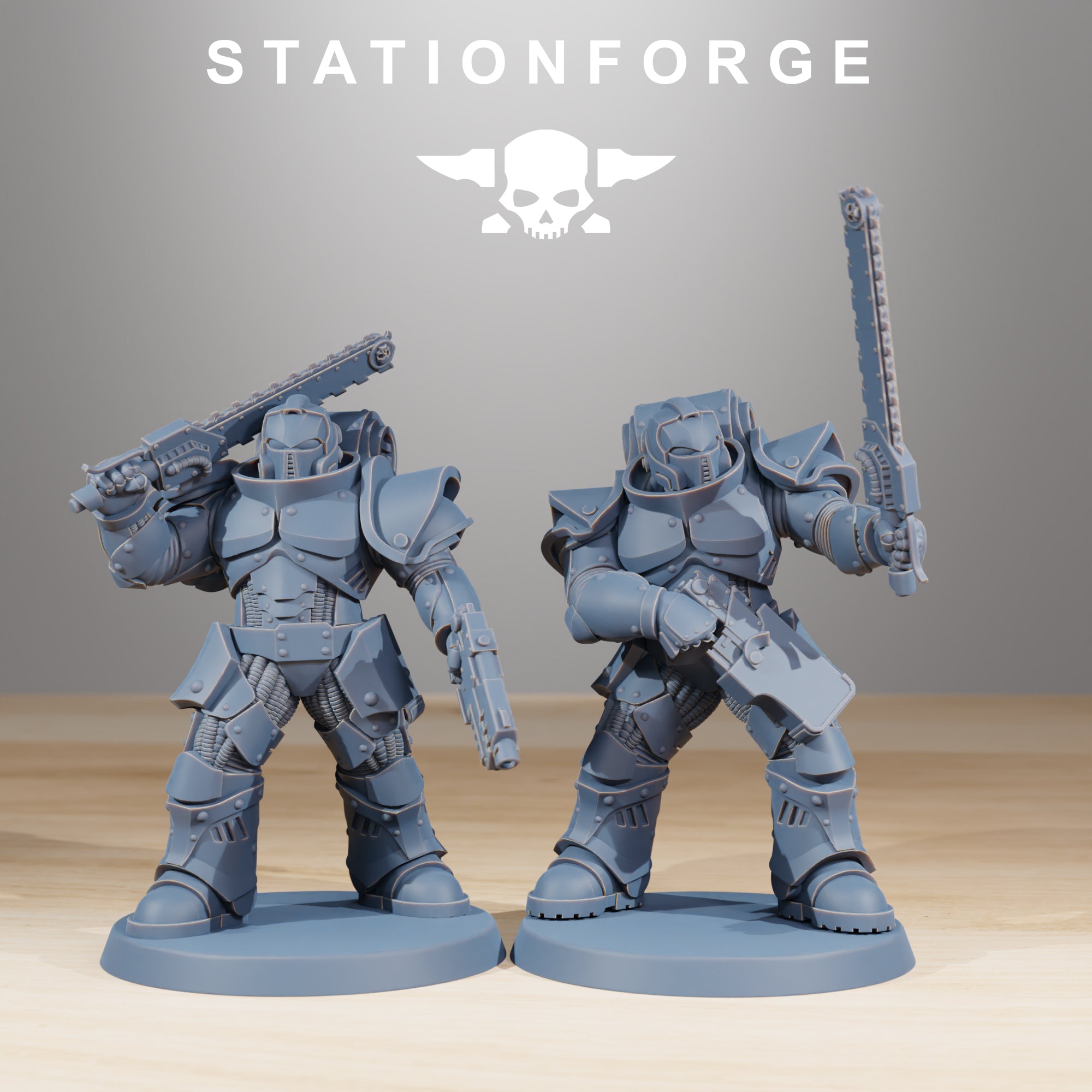 Two Socratis Melee Infantry resin miniatures with chainsword, pistol, and heavy sci-fi armor.