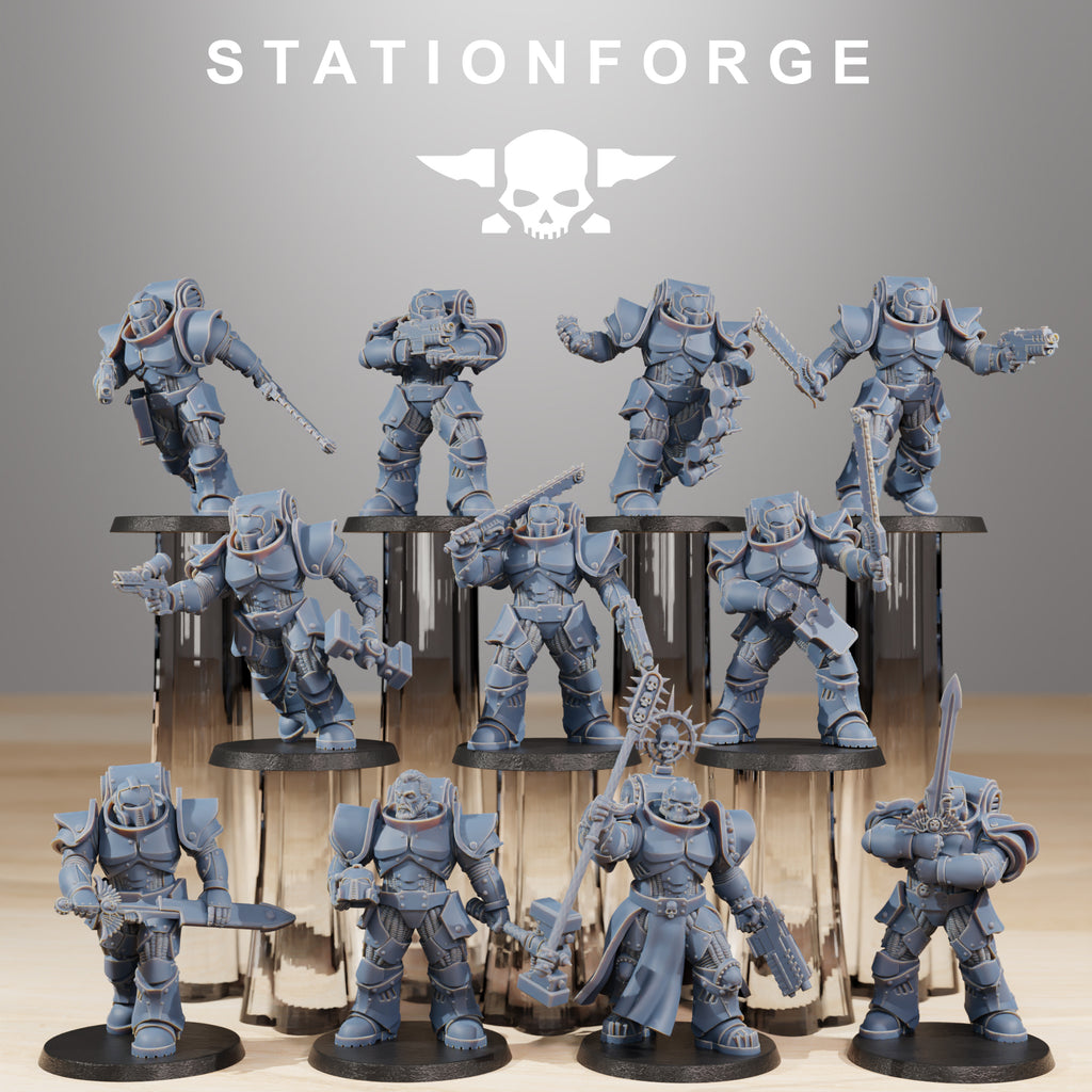 Station Forge Socratis Melee Infantry full squad of sci-fi resin miniatures with swords, pistols, hammers, and heavy armor.