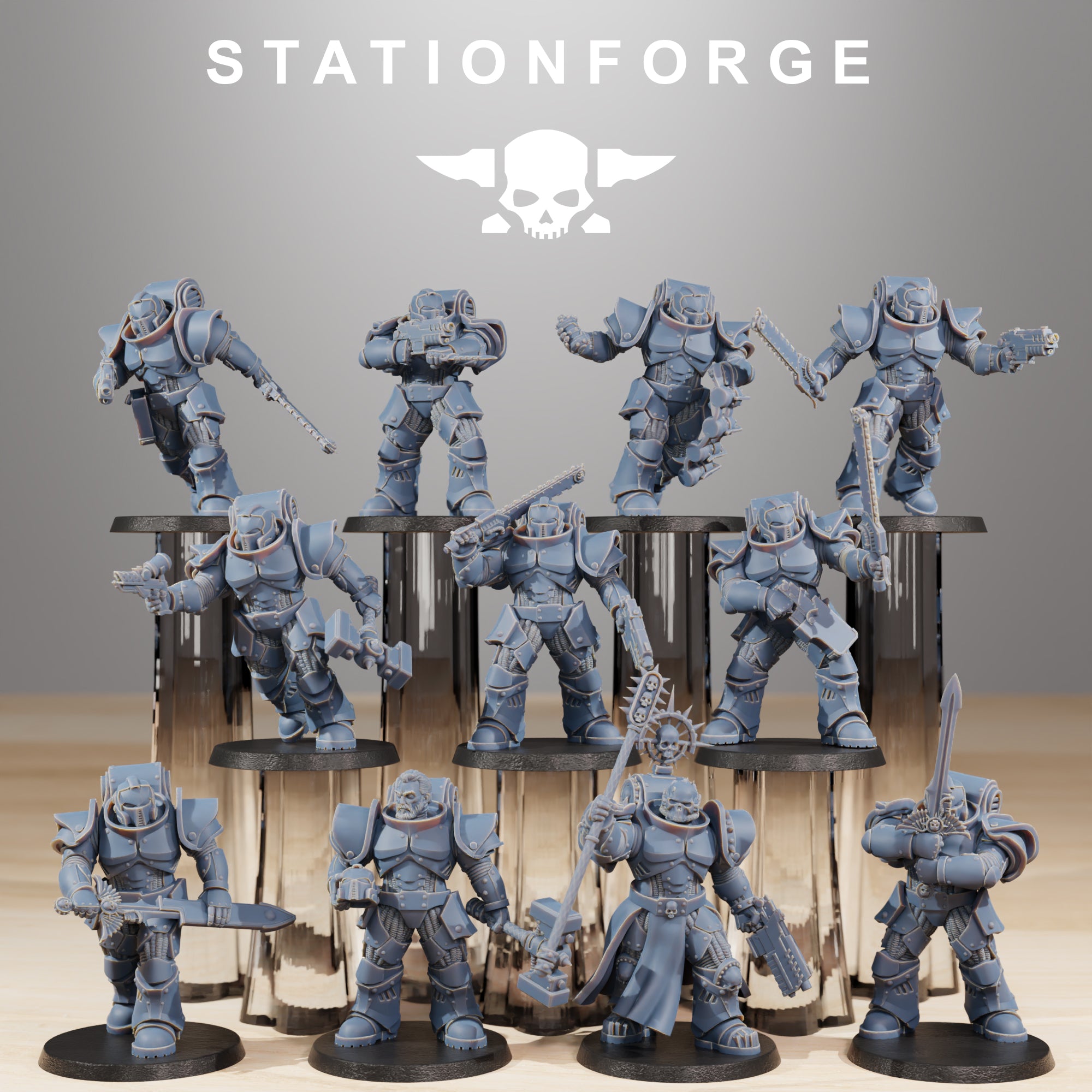 Station Forge Socratis Melee Infantry full squad of sci-fi resin miniatures with swords, pistols, hammers, and heavy armor.