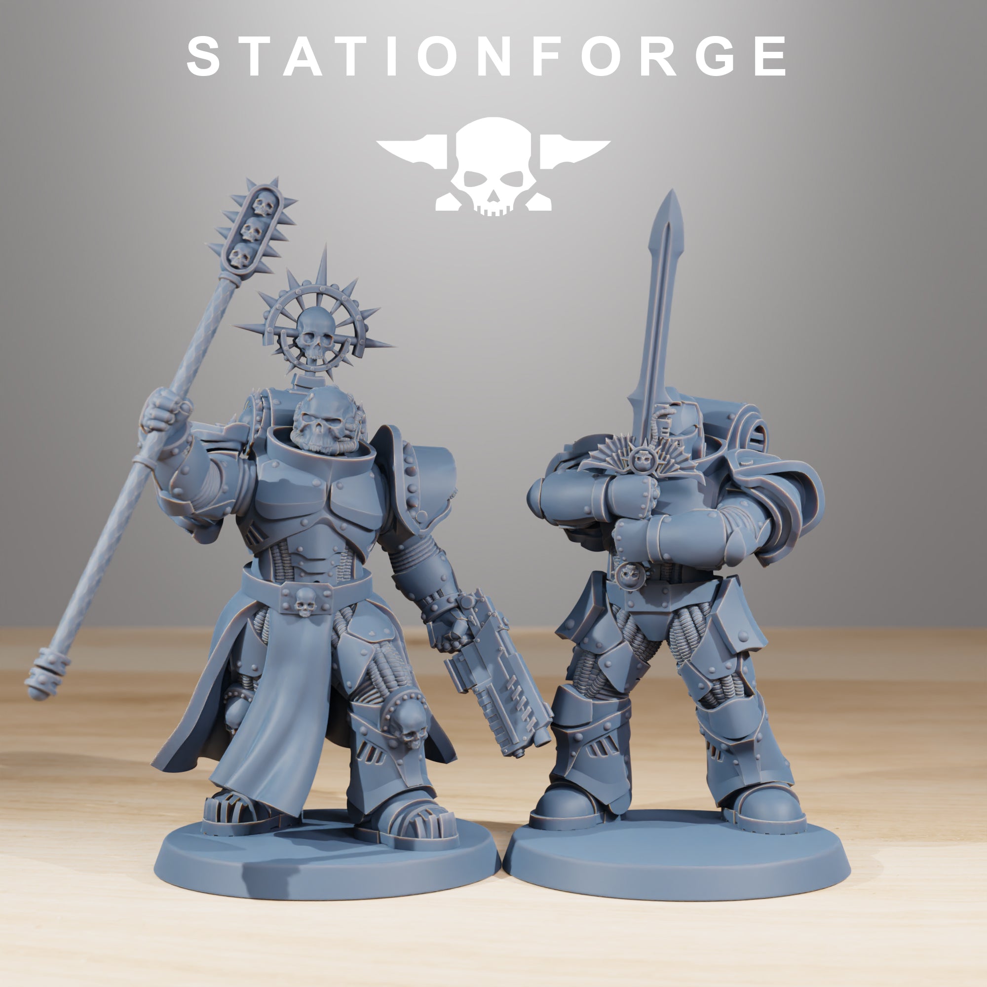 Socratis Melee Infantry miniatures with skull staff, sword, pistol, and armored sci-fi details