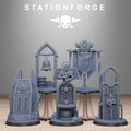 Station Forge Socratis Objective Markers sci-fi terrain set with statues, banners, arches, skull details, and shrine-style battlefield pieces.