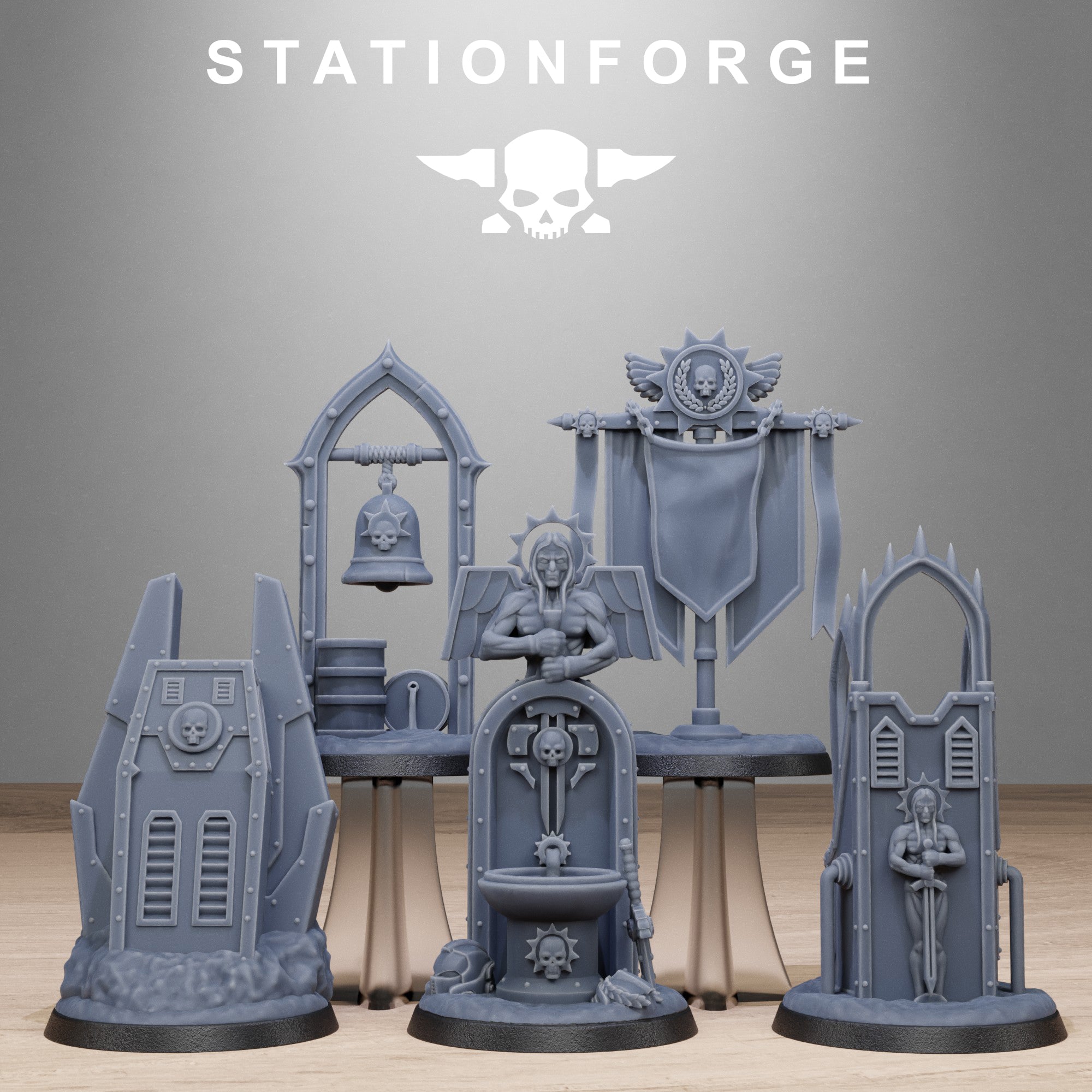 Station Forge Socratis Objective Markers sci-fi terrain set with statues, banners, arches, skull details, and shrine-style battlefield pieces.