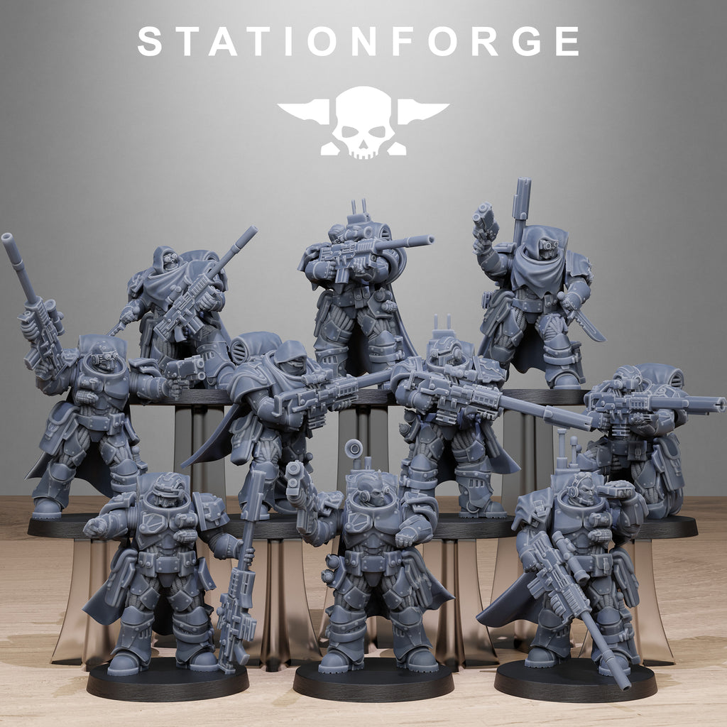 Socratis Snipers squad by Station Forge, showing ten sci-fi resin sniper miniatures with cloaks, long rifles, heavy armor, and varied tactical poses.