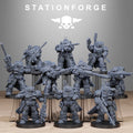 Socratis Snipers squad by Station Forge, showing ten sci-fi resin sniper miniatures with cloaks, long rifles, heavy armor, and varied tactical poses.
