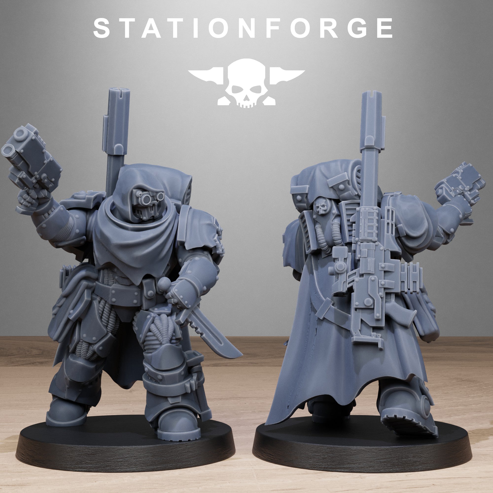 Socratis Sniper miniature by Station Forge, shown with long rifle, armored body, cloak detail, and standing sci-fi marksman pose.