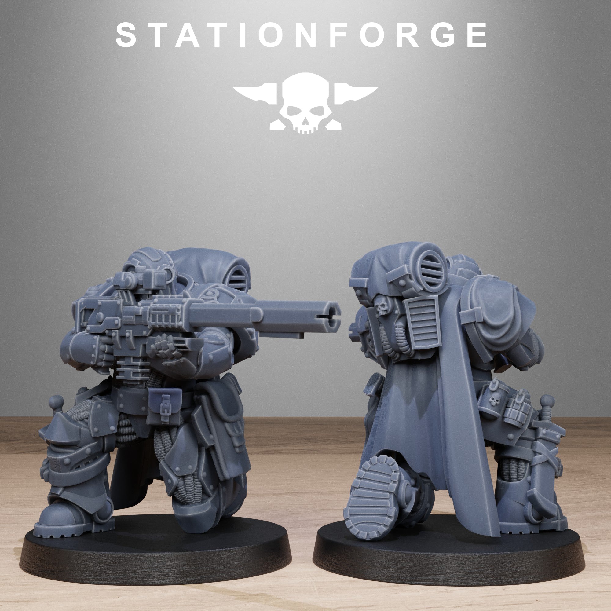 Socratis Sniper miniature by Station Forge, shown in a hooded pose with scoped rifle, cloak, heavy armor, and tactical sniper styling.